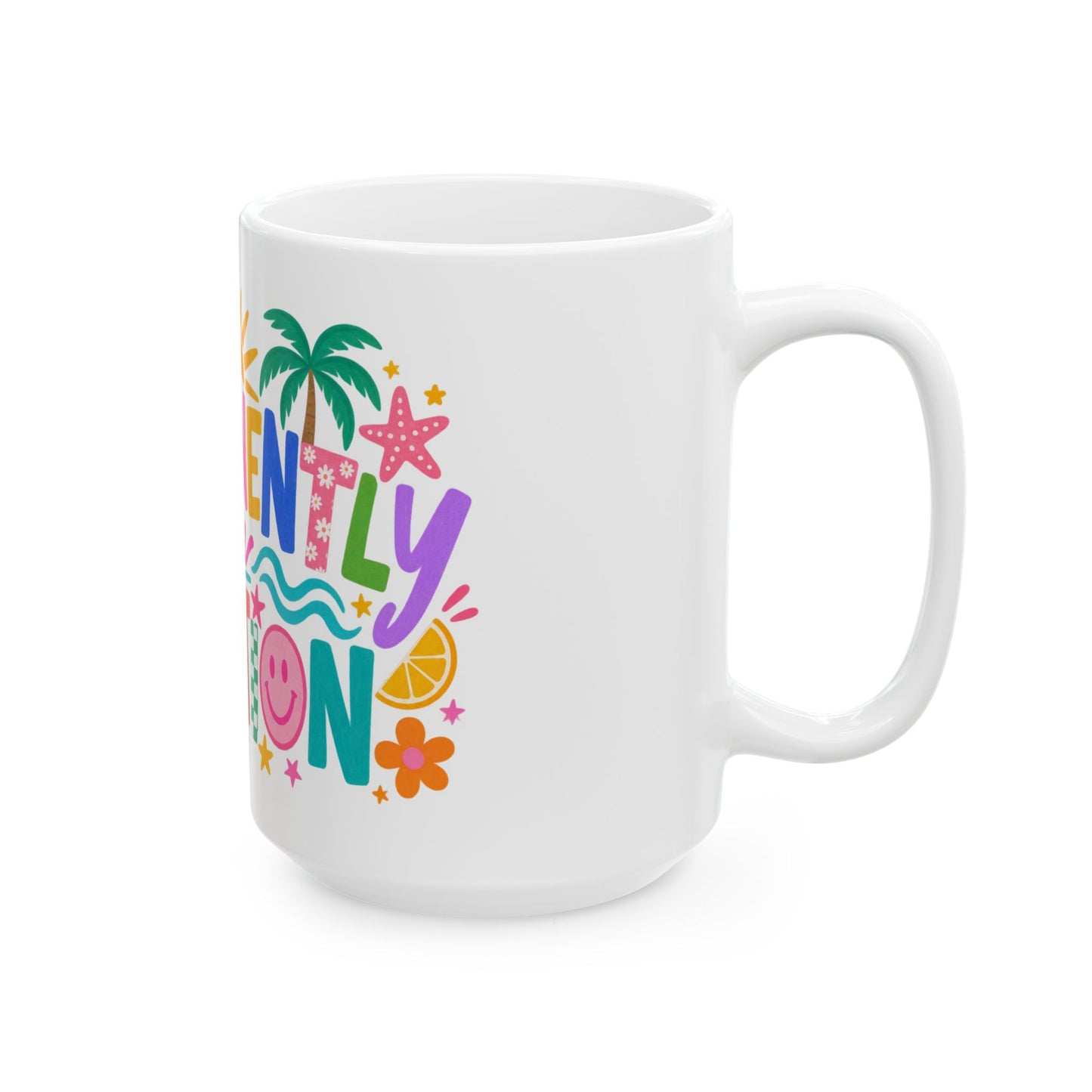Permanently on Vacation white ceramic mug with a bright coastal print on one side.