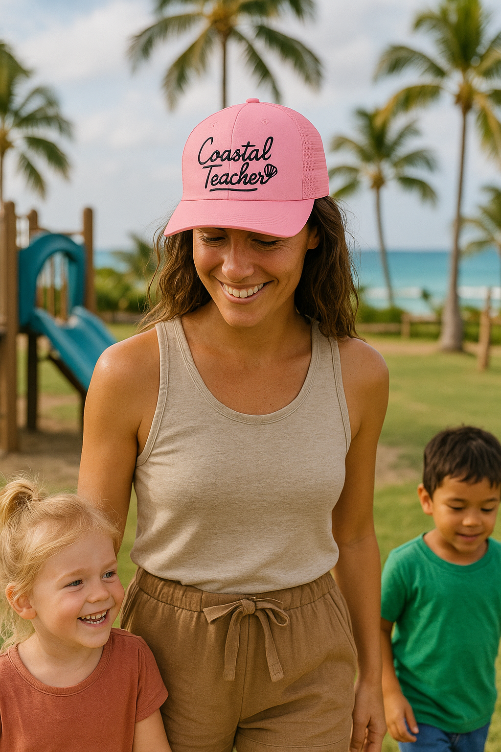 Coastal Teacher Trucker Hat – Beachy Vibes for Fun, Stylish Educators by Little Things by Nicky — Teacher Vibes apparel from Miami, Florida.