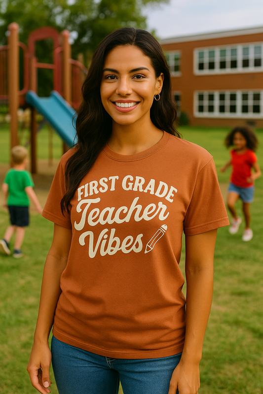 First Grade Teacher Vibes Shirt – Retro Pencil Design | Cute 1st Grade Teacher Tee for Women | Fall Teacher Outfit