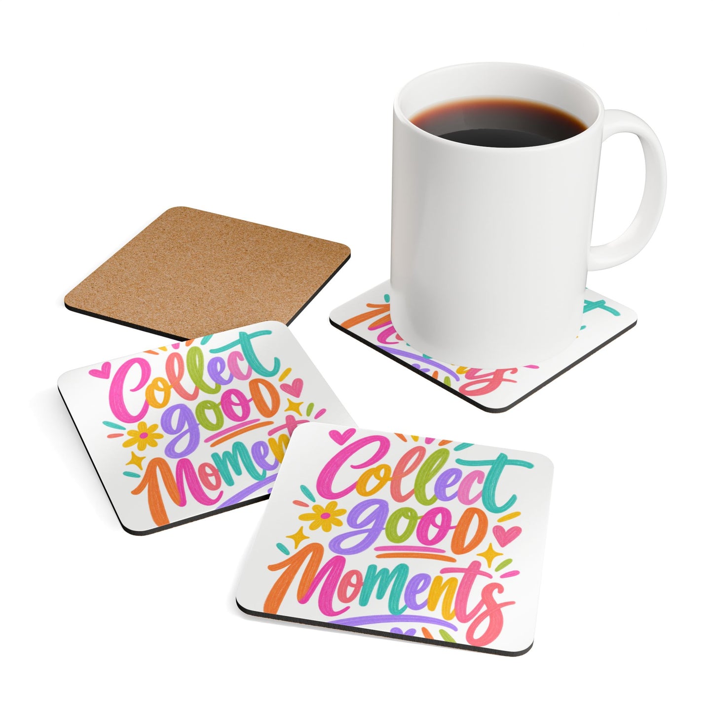 Collect Good Moments corkwood coaster set with a bright hand-lettered design, in use