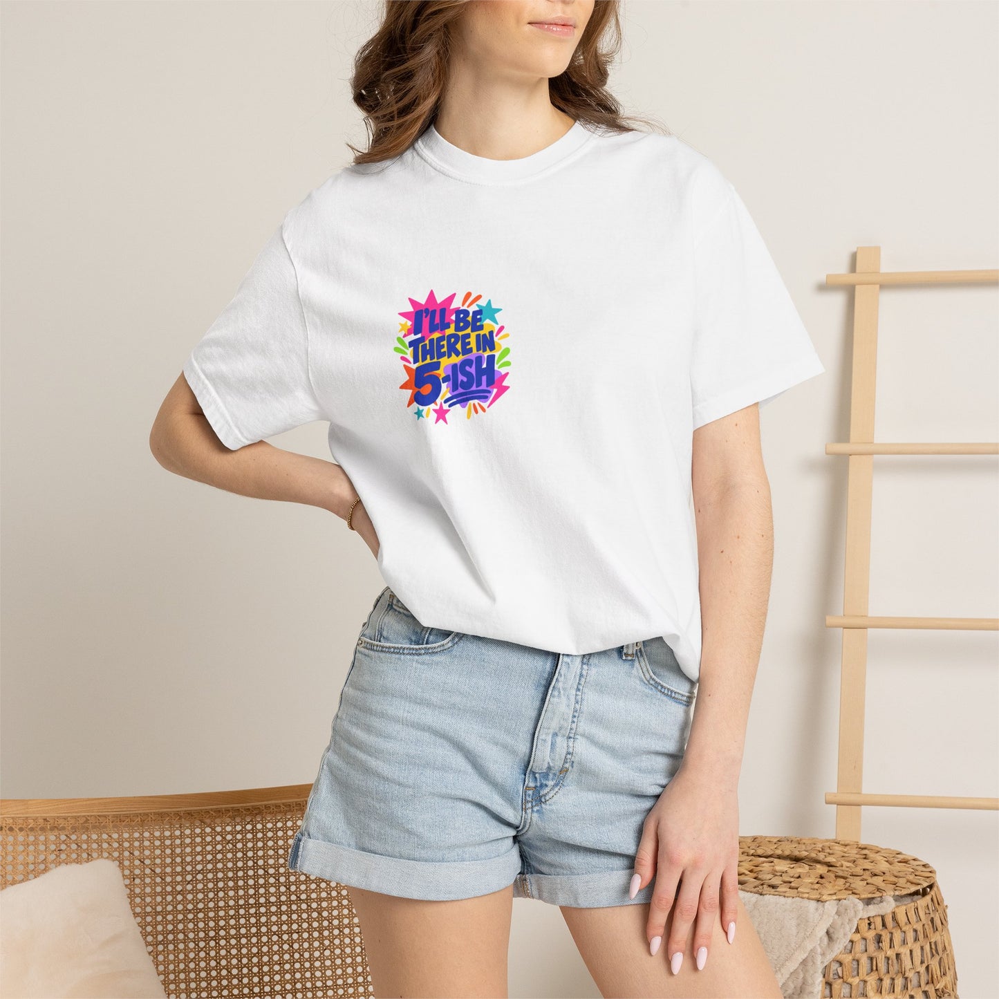 I'll Be There In 5-ish Tee in White, worn by a model - a small left-chest print on a garment-dyed Comfort Colors 1717 tee.