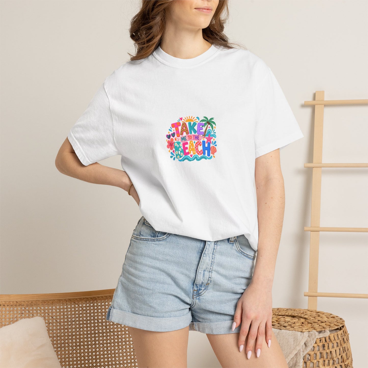 Take Me To The Beach Tee in White, worn by a model - a centred upper-front print on a garment-dyed Comfort Colors 1717 tee.