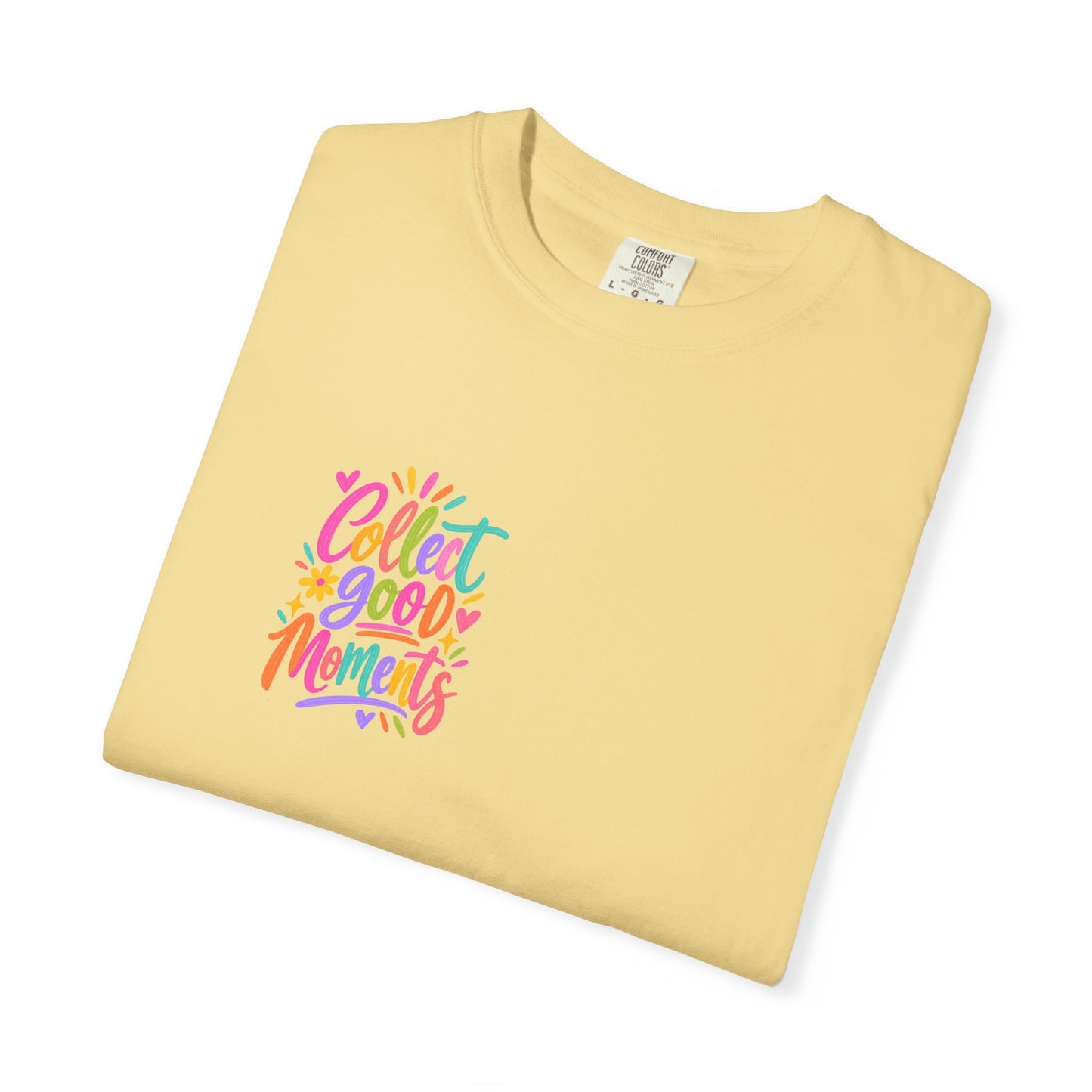 Collect Good Moments Tee in Butter, folded flat - a small left-chest brush-script print on a garment-dyed Comfort Colors 1717 tee.