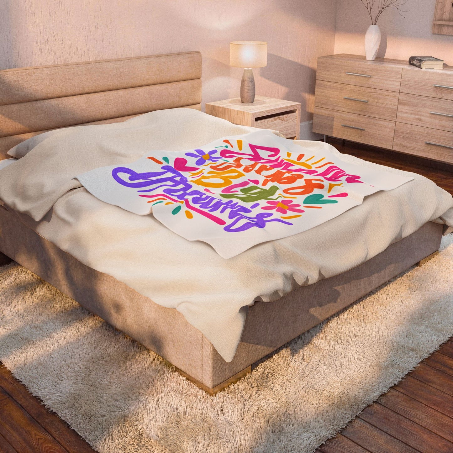 Small Steps, Big Dreams velveteen plush blanket with a bright hand-lettered print.