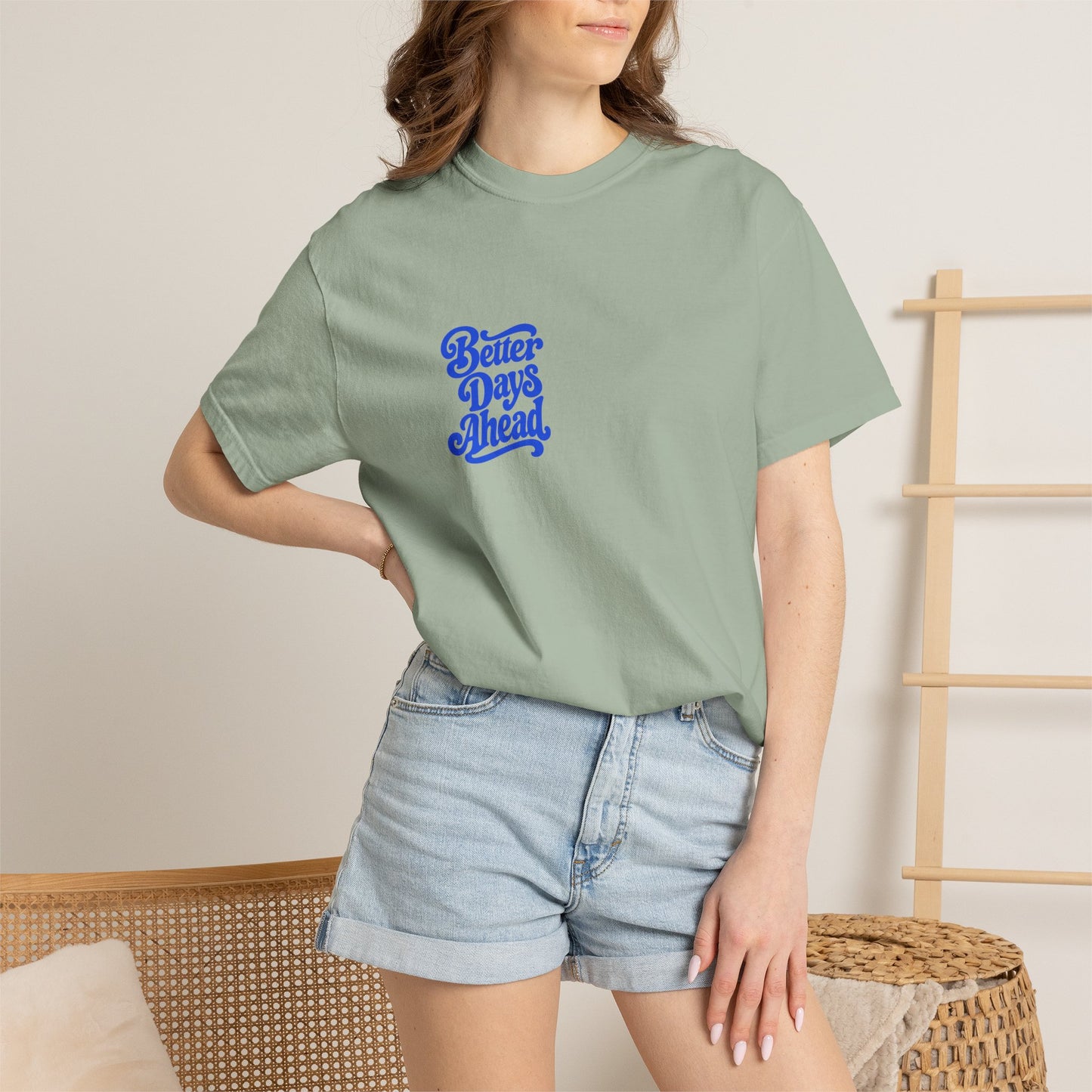 Better Days Ahead Tee in Bay, worn by a model - a small left-chest brush-script print on a garment-dyed Comfort Colors 1717 tee.