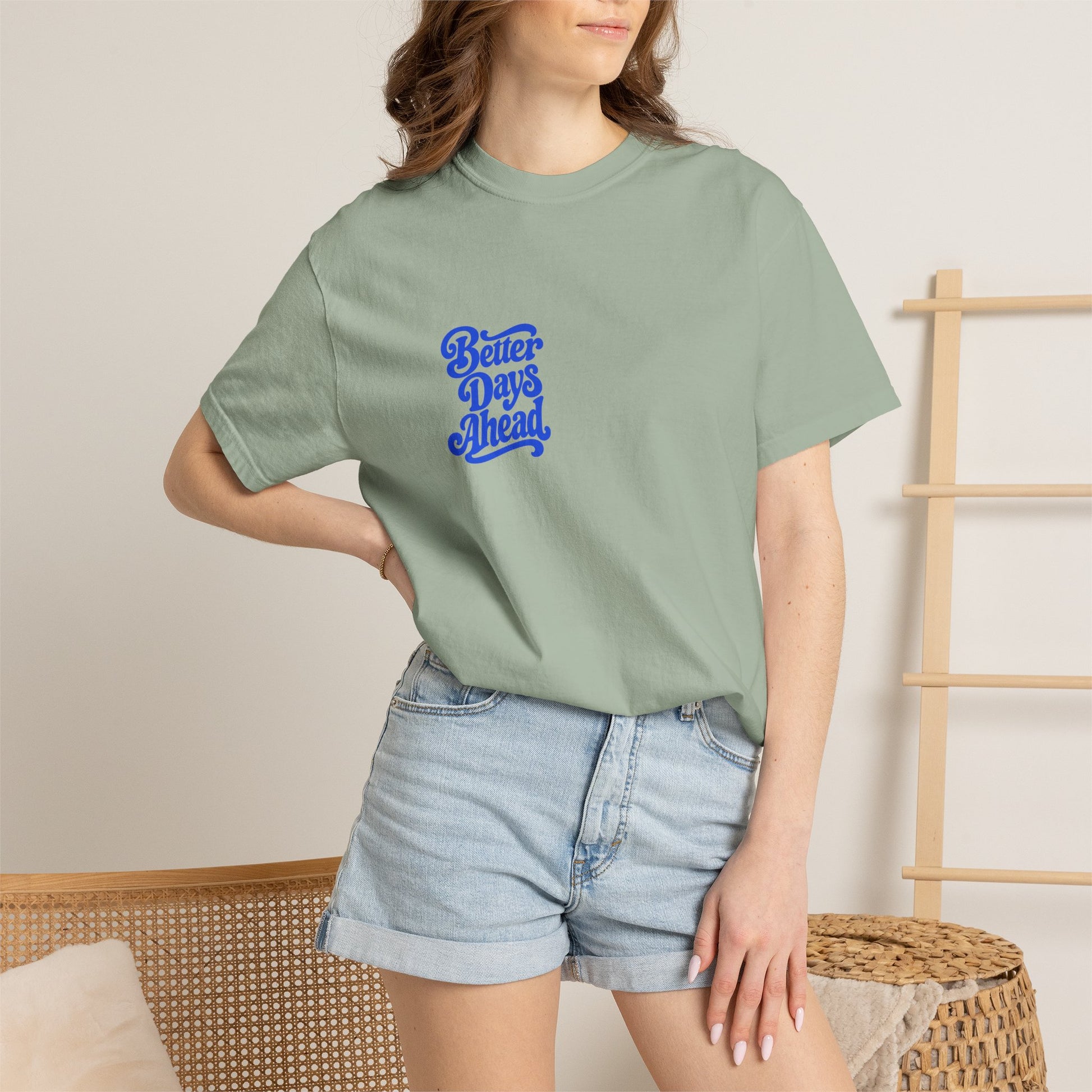 Better Days Ahead Tee in Bay, worn by a model - a small left-chest brush-script print on a garment-dyed Comfort Colors 1717 tee.