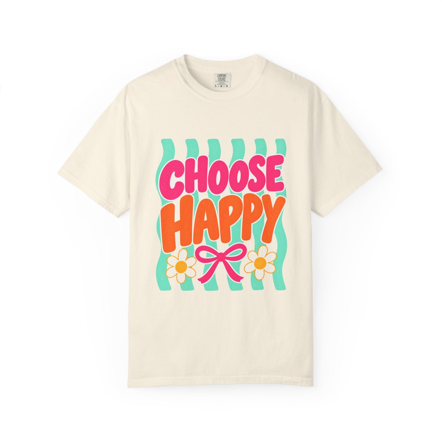 Choose Happy Tee in White, front view - a large centered full-front print in rounded pink and orange lettering with daisies, on a garment-dyed Comfort Colors 1717 tee.