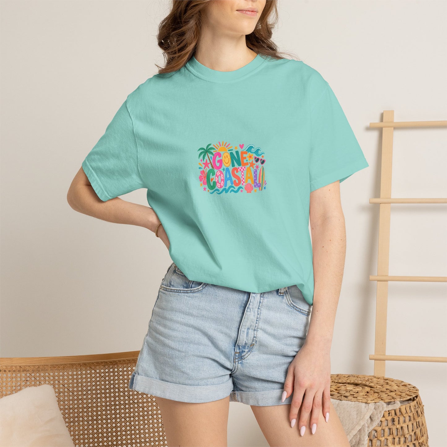 Gone Coastal Tee in Chalky Mint, worn by a model - a centred upper-front print on a garment-dyed Comfort Colors 1717 tee.