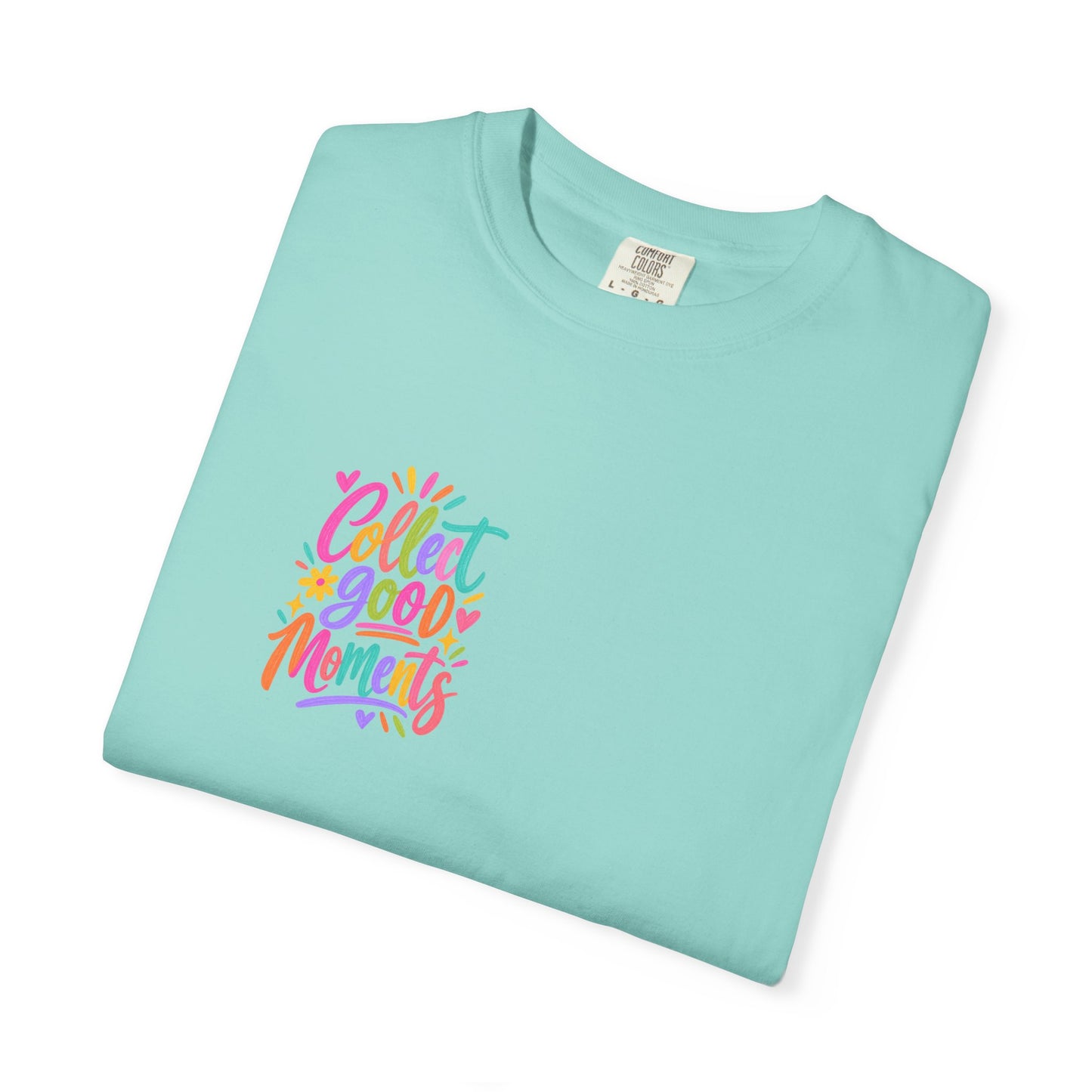 Collect Good Moments Tee in Chalky Mint, folded flat - a small left-chest brush-script print on a garment-dyed Comfort Colors 1717 tee.