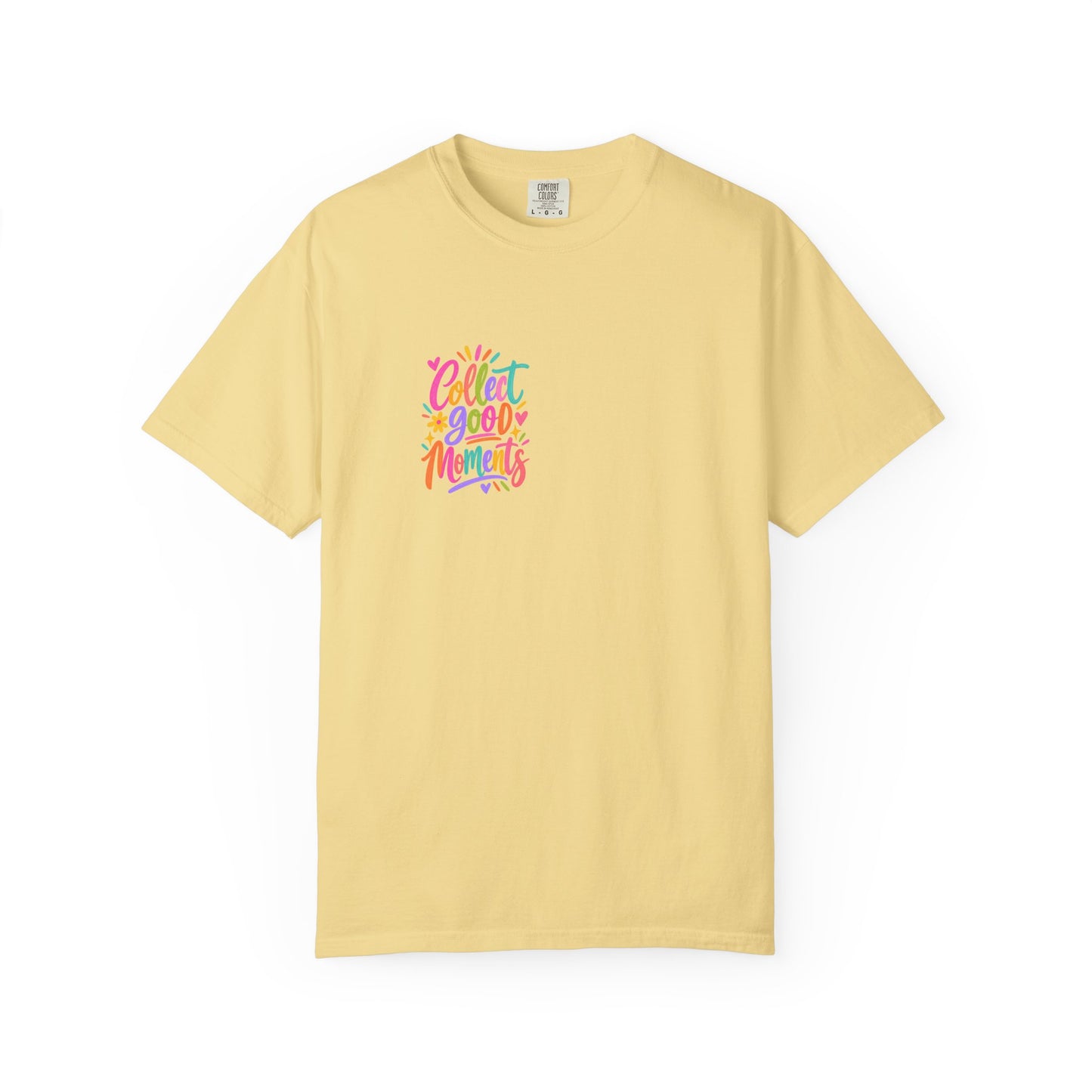 Collect Good Moments Tee in Butter, front view - a small left-chest brush-script print on a garment-dyed Comfort Colors 1717 tee.