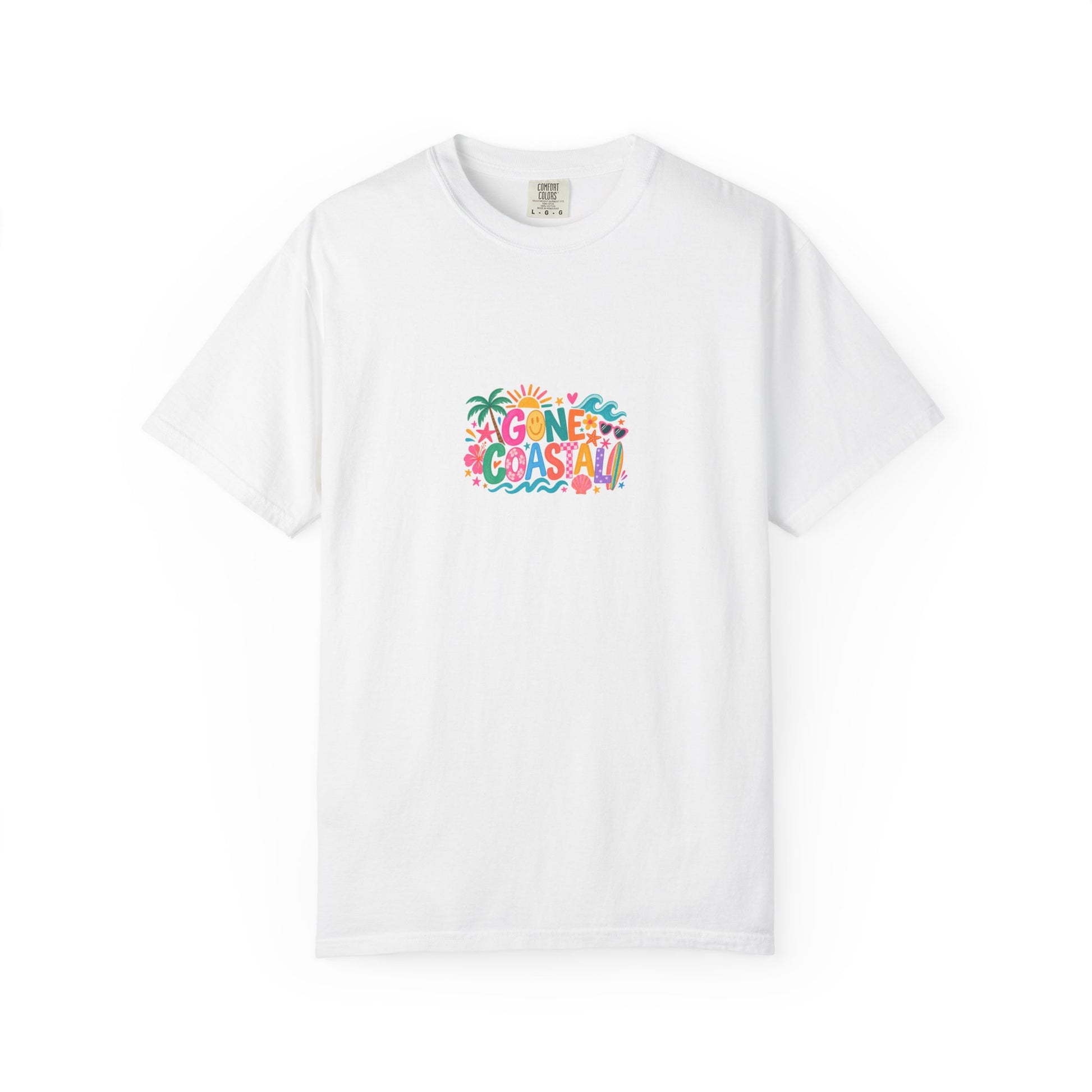 Gone Coastal Tee in White, front view - a centred upper-front print on a garment-dyed Comfort Colors 1717 tee.