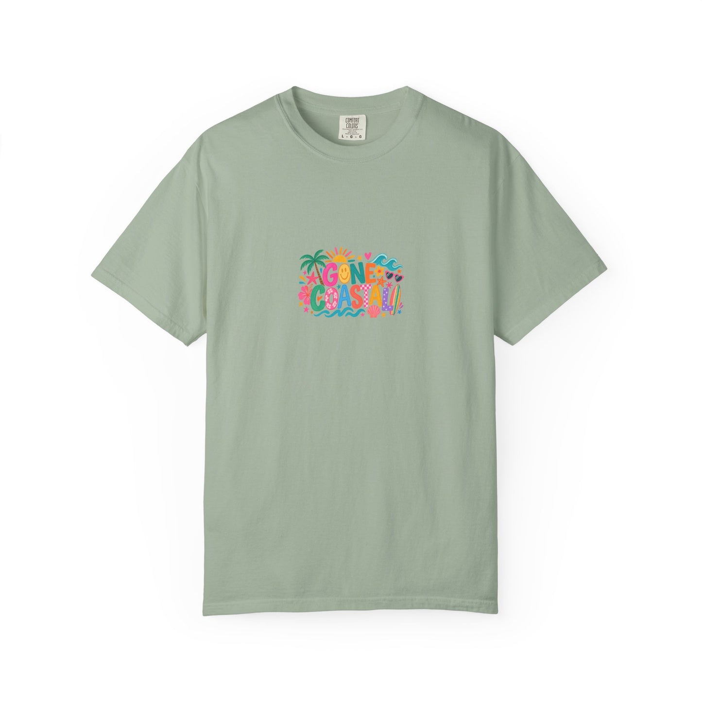 Gone Coastal Tee in Bay, front view - a centred upper-front print on a garment-dyed Comfort Colors 1717 tee.