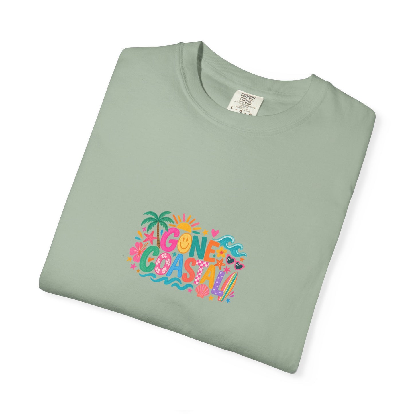 Gone Coastal Tee in Bay, folded flat - a centred upper-front print on a garment-dyed Comfort Colors 1717 tee.