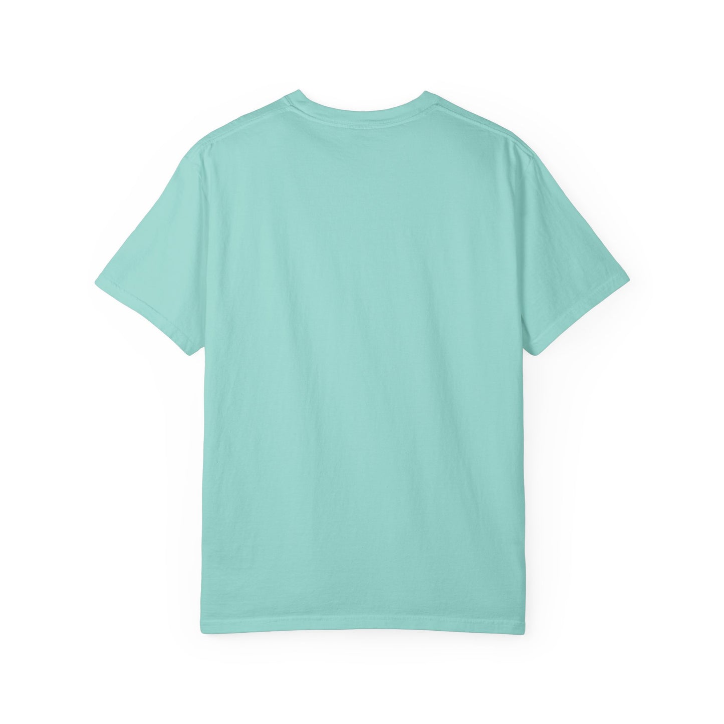 Plot Twist: We're Learning Tee in Chalky Mint, back view - a small left-chest print on a garment-dyed Comfort Colors 1717 tee.