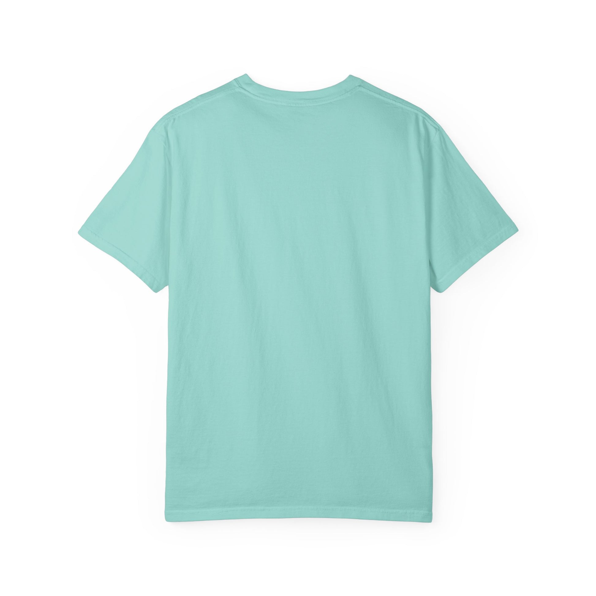 Plot Twist: We're Learning Tee in Chalky Mint, back view - a small left-chest print on a garment-dyed Comfort Colors 1717 tee.