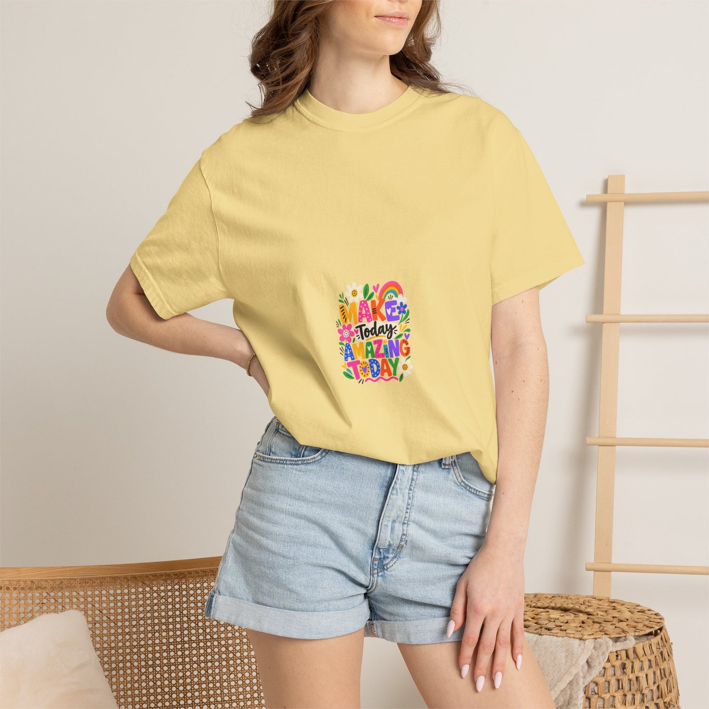 Make Today Amazing Tee in Butter, worn by a model - a small left-chest print on a garment-dyed Comfort Colors 1717 tee
