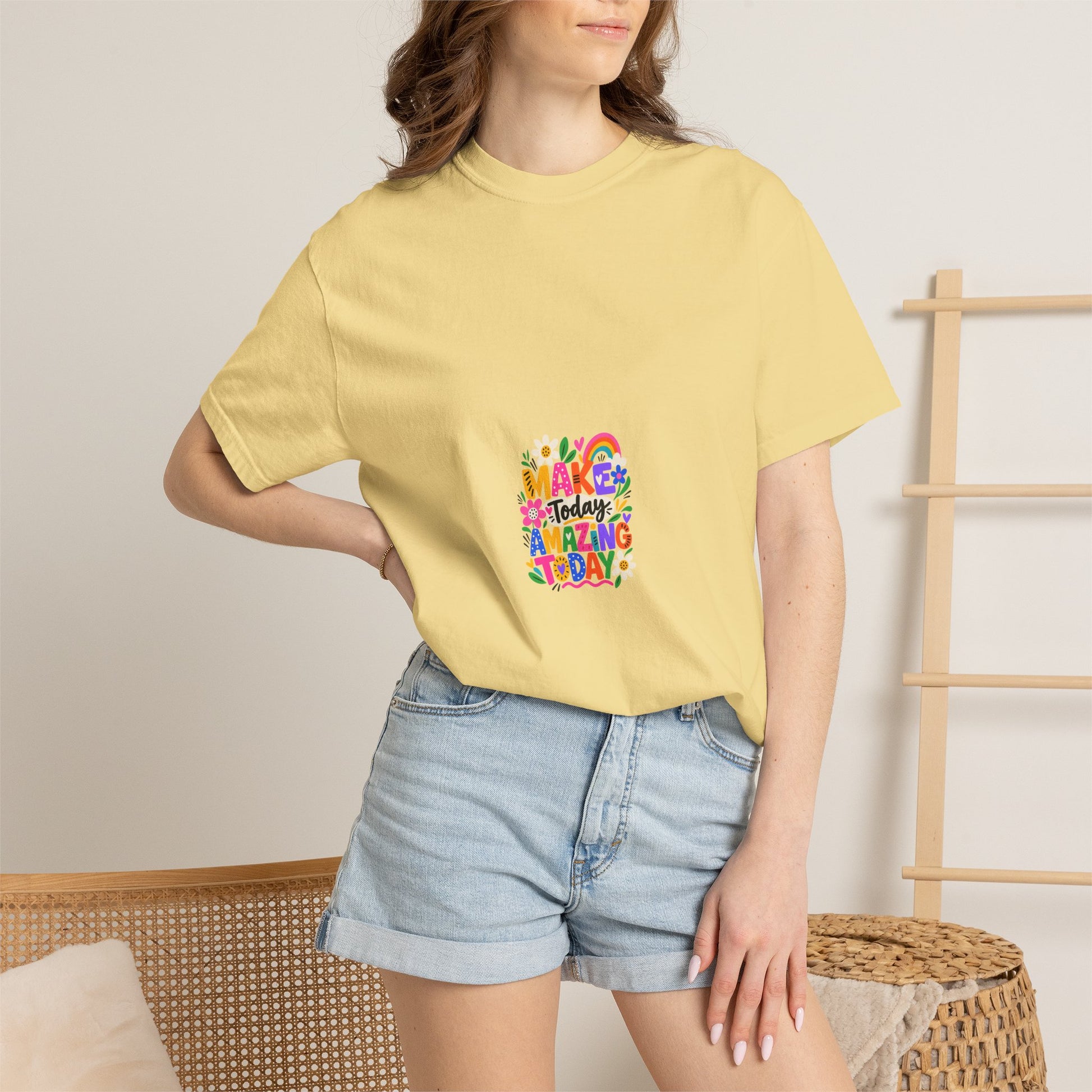 Make Today Amazing Tee in Butter, worn by a model - a small left-chest print on a garment-dyed Comfort Colors 1717 tee