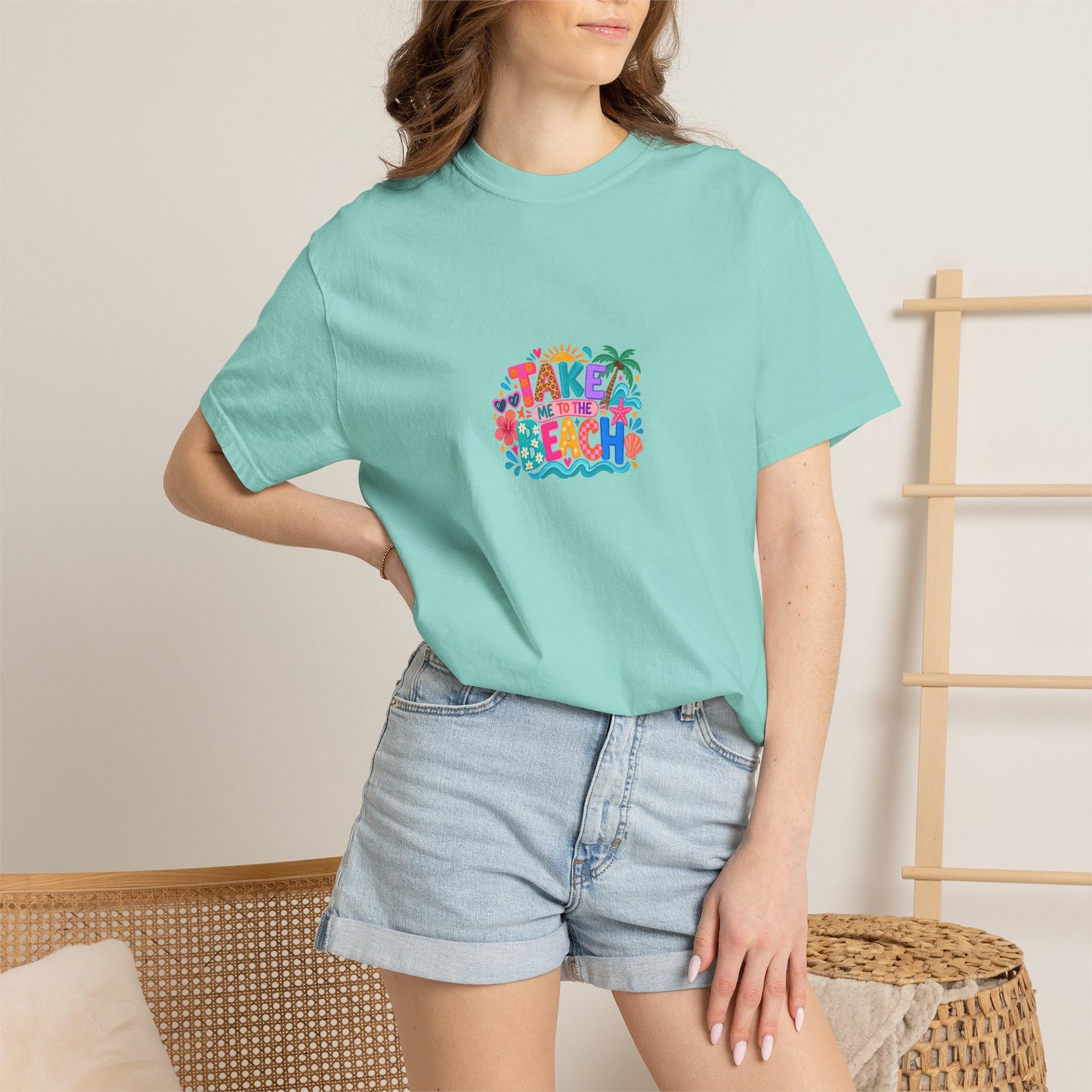 Take Me To The Beach Tee in Chalky Mint, worn by a model - a centred upper-front print on a garment-dyed Comfort Colors 1717 tee.