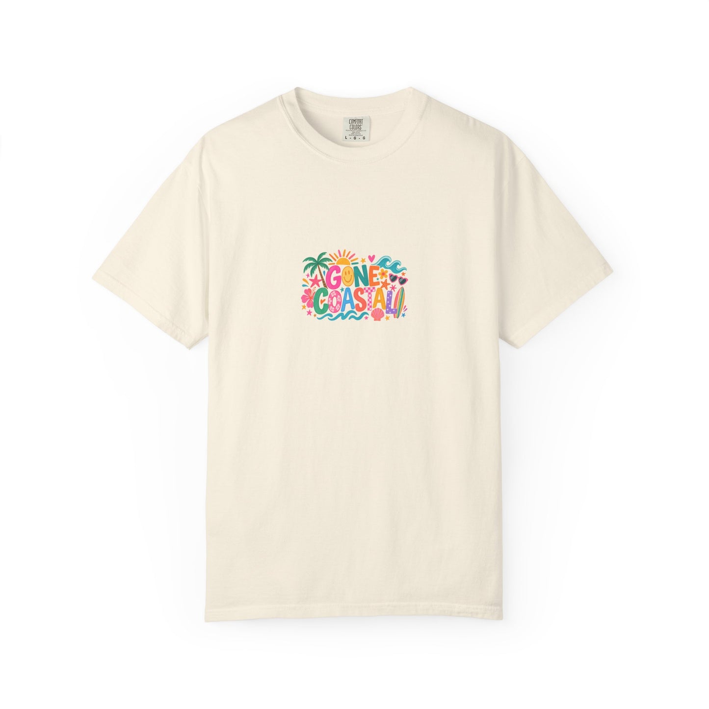 Gone Coastal Tee in Ivory, front view - a centred upper-front print on a garment-dyed Comfort Colors 1717 tee.