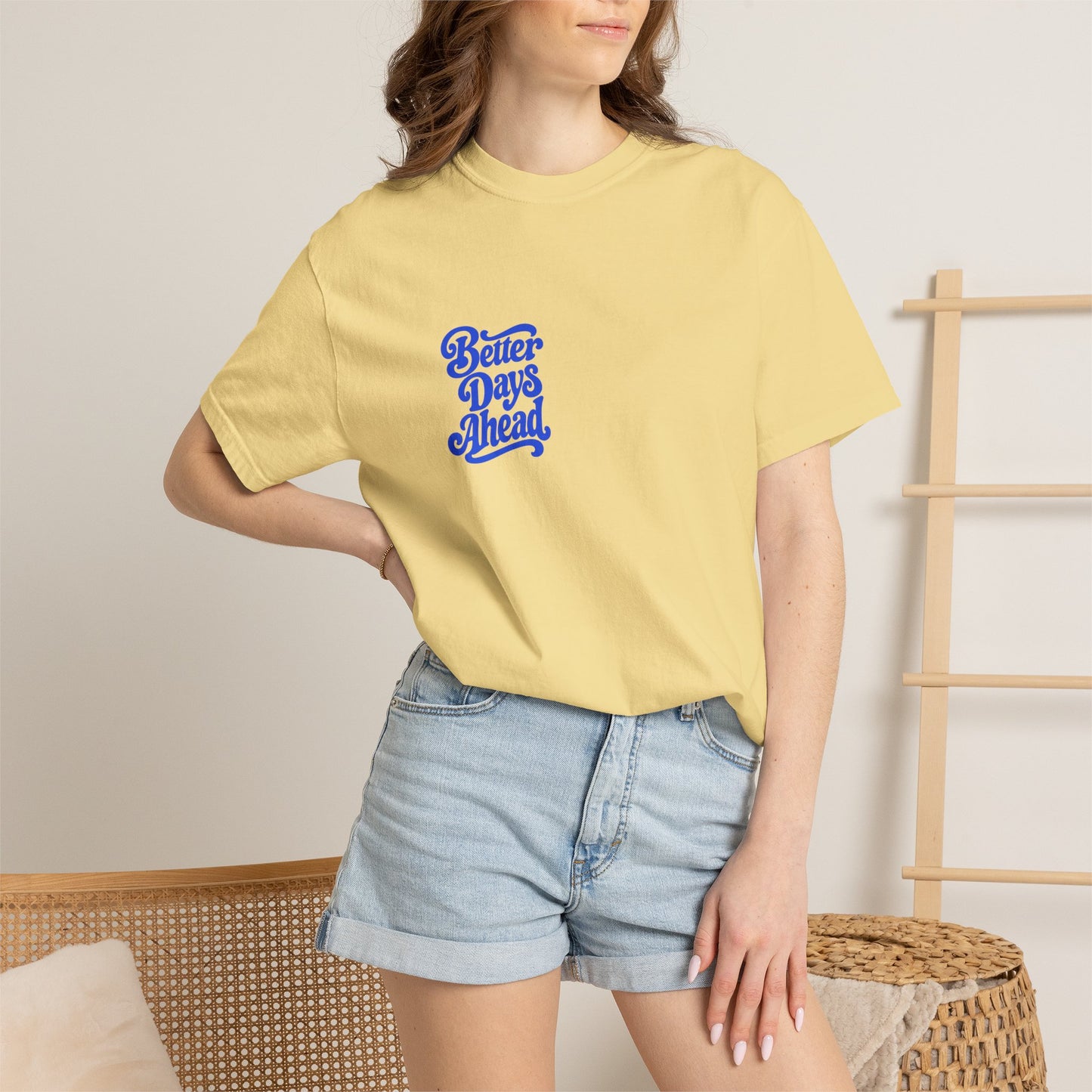 Better Days Ahead Tee in Butter, worn by a model - a small left-chest brush-script print on a garment-dyed Comfort Colors 1717 tee.