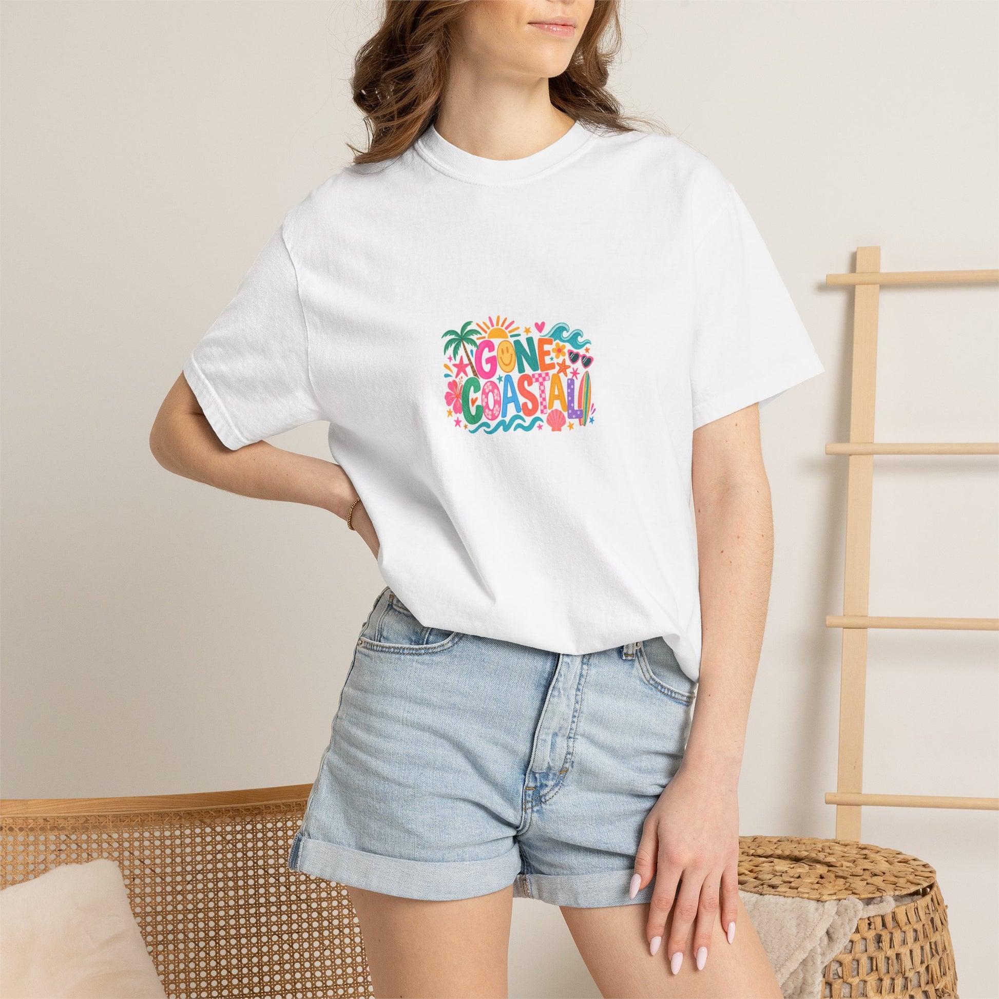 Gone Coastal Tee in White, worn by a model - a centred upper-front print on a garment-dyed Comfort Colors 1717 tee.