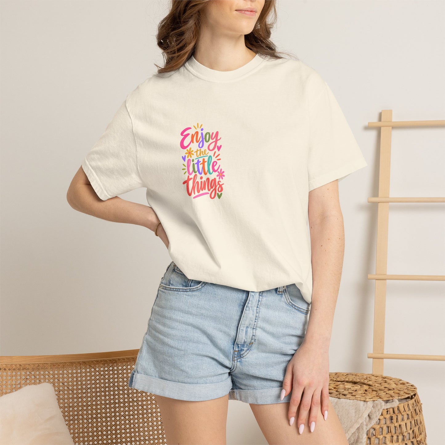 Enjoy the Little Things Tee in Ivory, worn by a model - a small left-chest brush-script print on a garment-dyed Comfort Colors 1717 tee.