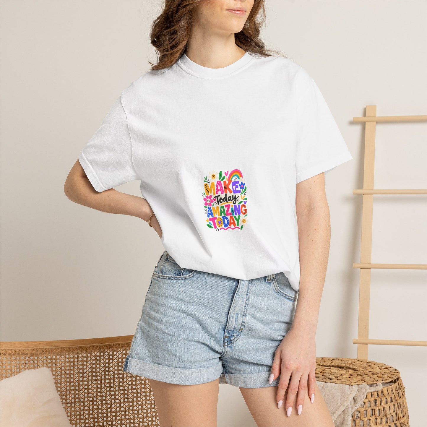 Make Today Amazing Tee in White, worn by a model - a small left-chest print on a garment-dyed Comfort Colors 1717 tee