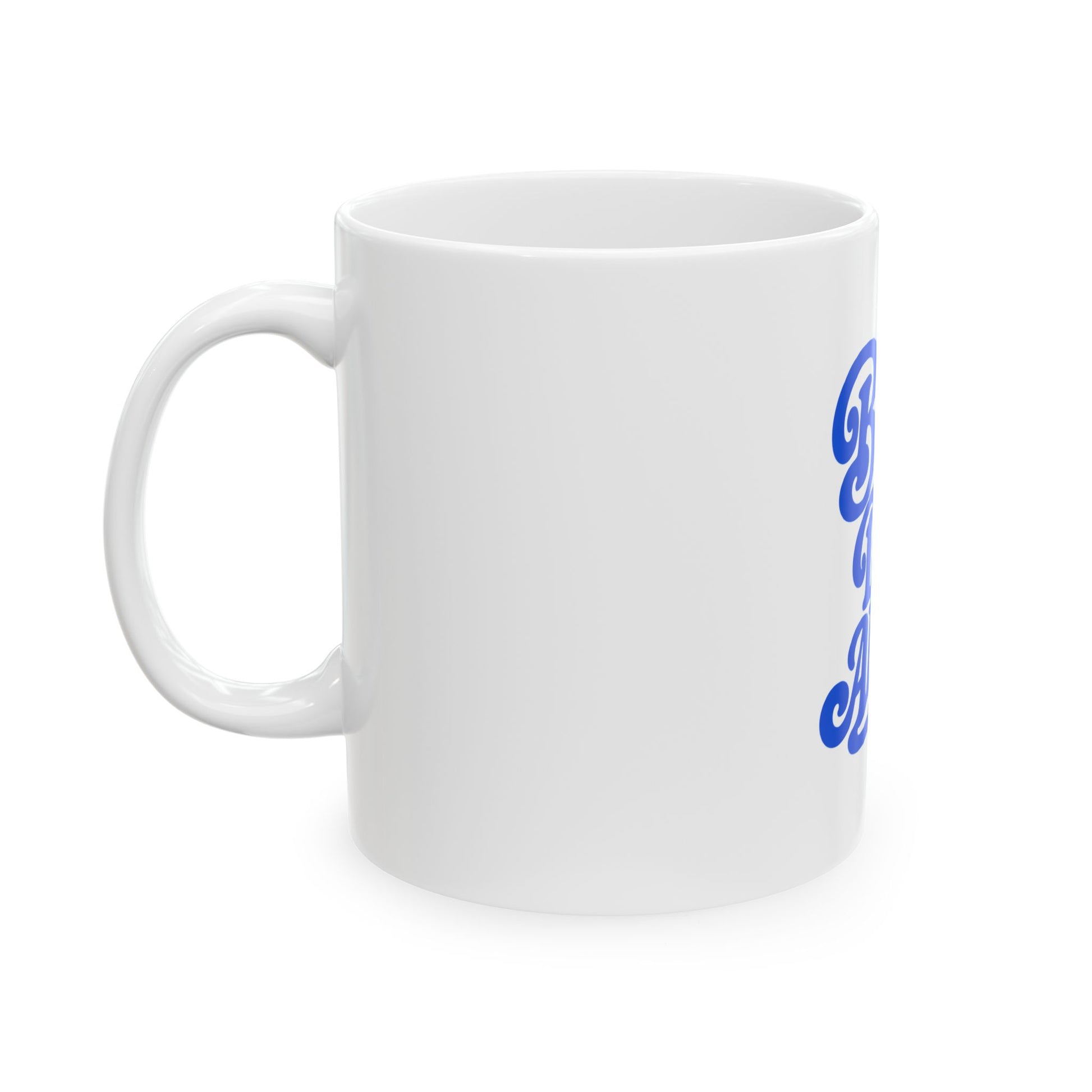 Better Days Ahead white ceramic mug with a retro script single-sided print, left