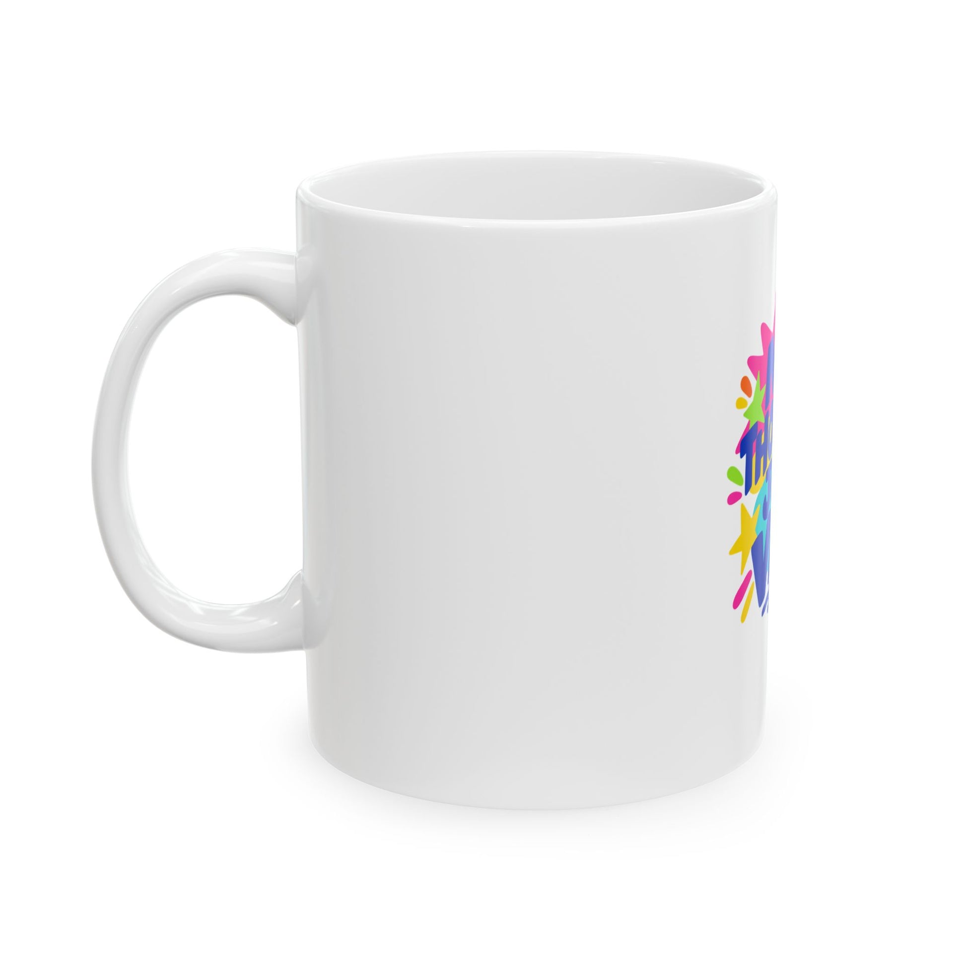 No Thoughts, Just Vibes white ceramic mug with a bold single-sided print, left