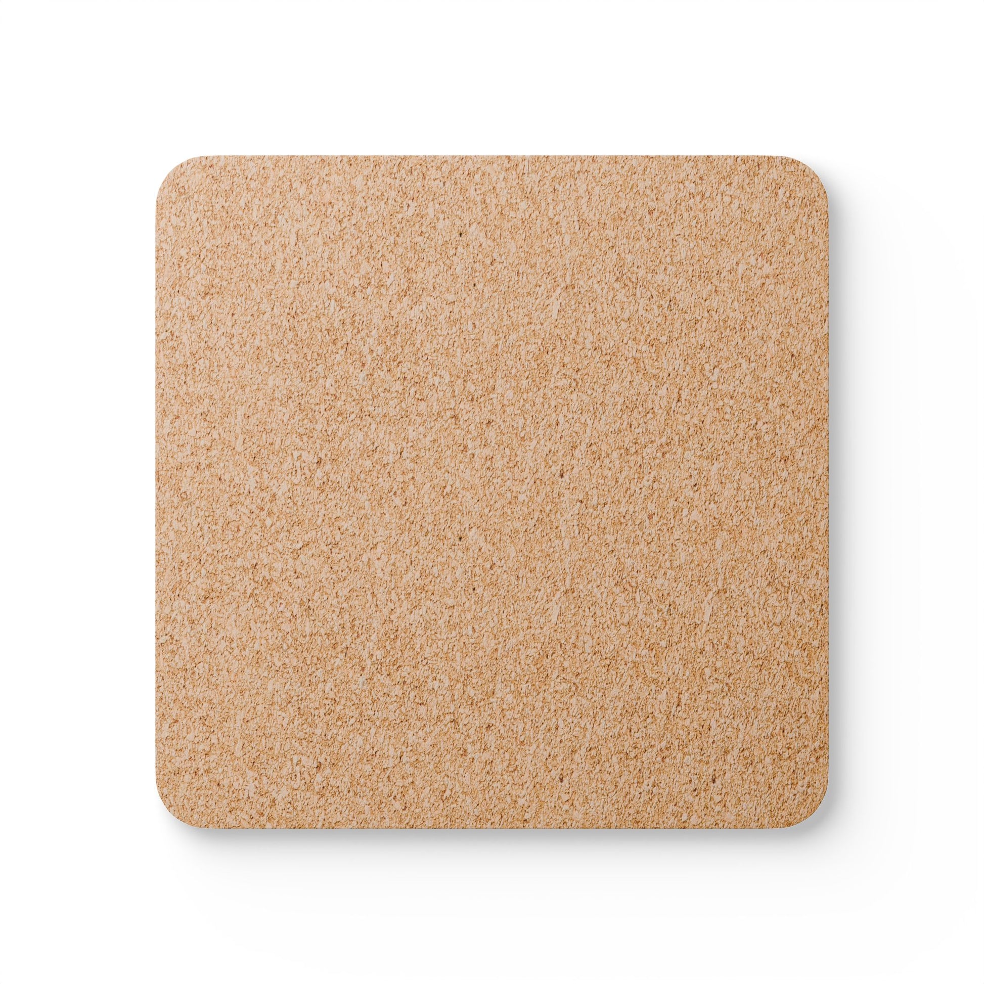 Collect Good Moments corkwood coaster set with a bright hand-lettered design, back view