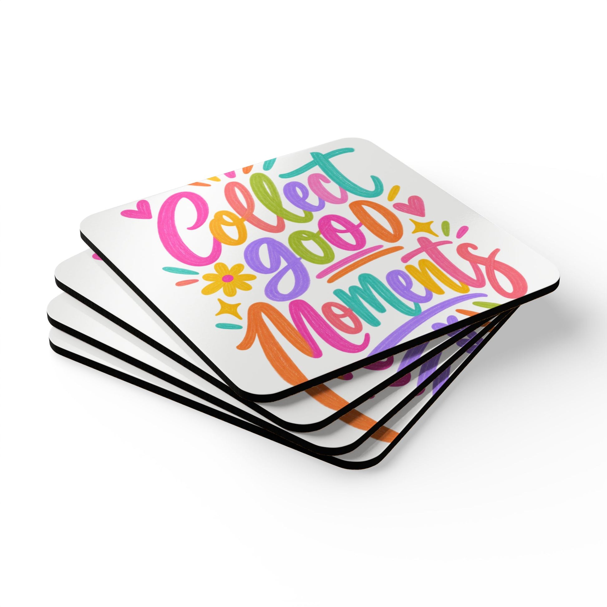 Collect Good Moments corkwood coaster set with a bright hand-lettered design, stacked