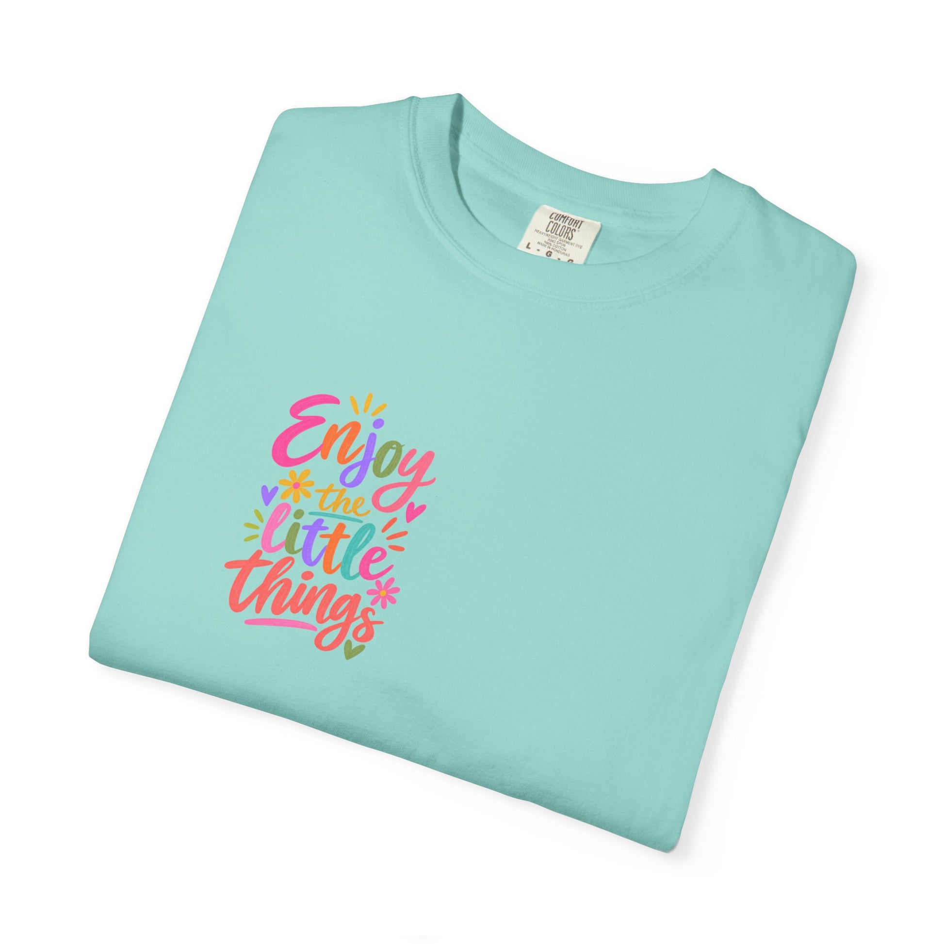 Enjoy the Little Things Tee in Chalky Mint, folded flat - a small left-chest brush-script print on a garment-dyed Comfort Colors 1717 tee.