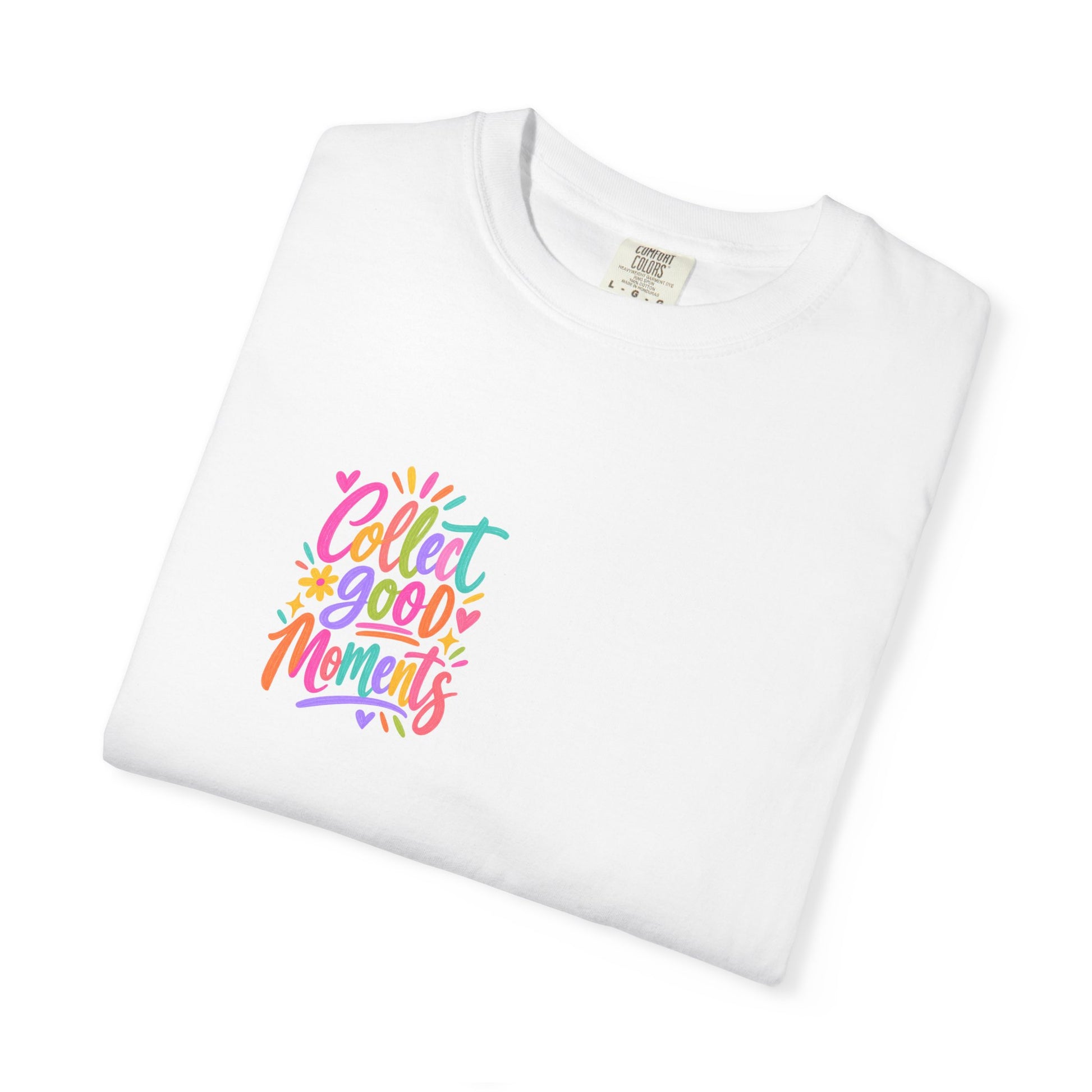 Collect Good Moments Tee in White, folded flat - a small left-chest brush-script print on a garment-dyed Comfort Colors 1717 tee.