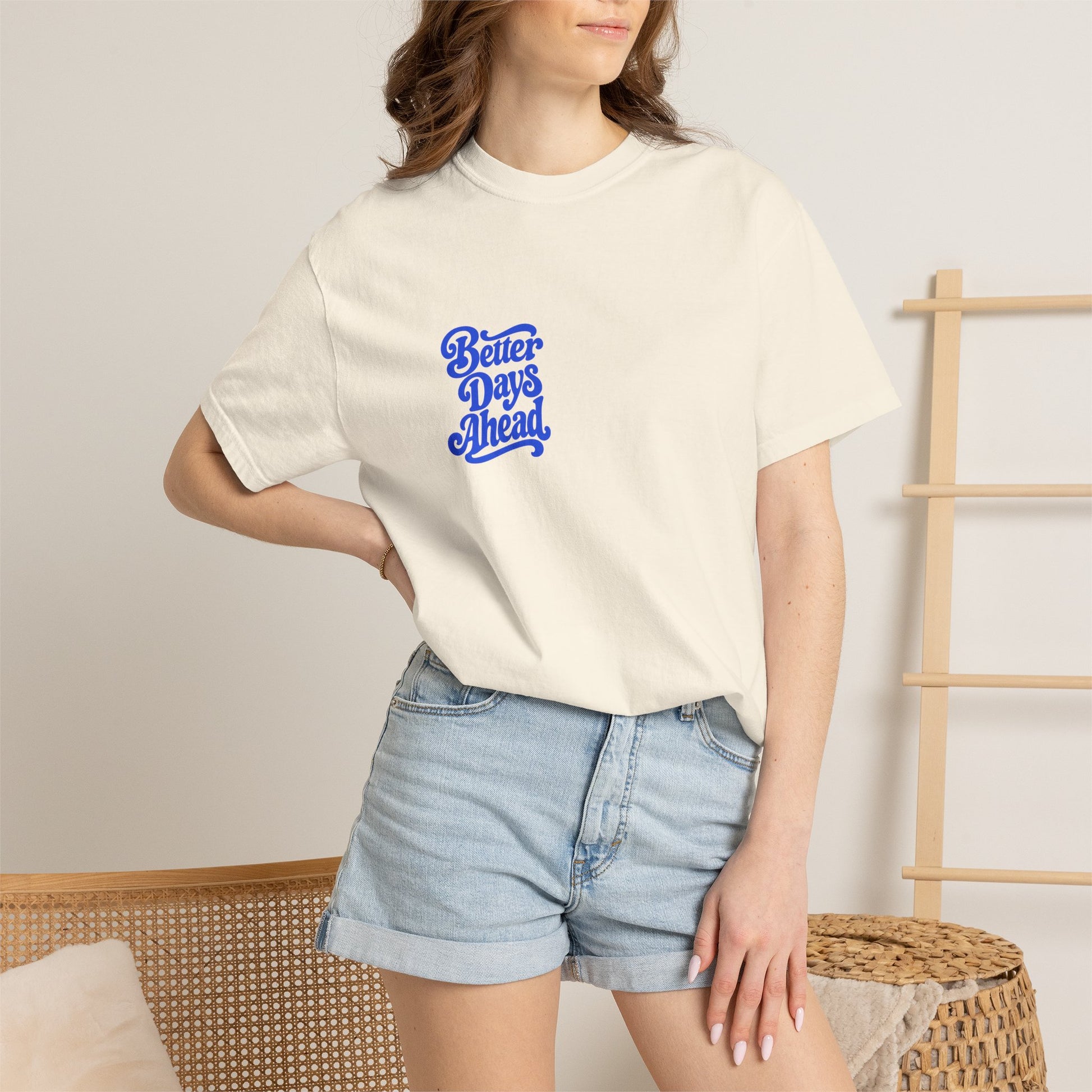 Better Days Ahead Tee in Ivory, worn by a model - a small left-chest brush-script print on a garment-dyed Comfort Colors 1717 tee.
