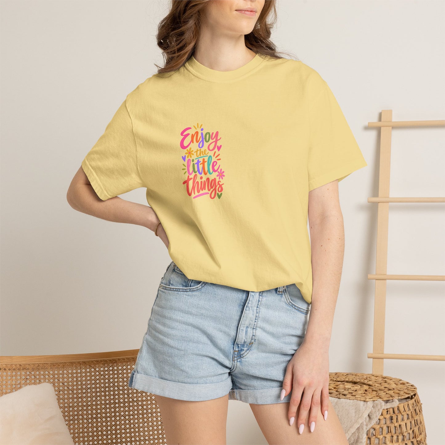 Enjoy the Little Things Tee in Butter, worn by a model - a small left-chest brush-script print on a garment-dyed Comfort Colors 1717 tee.