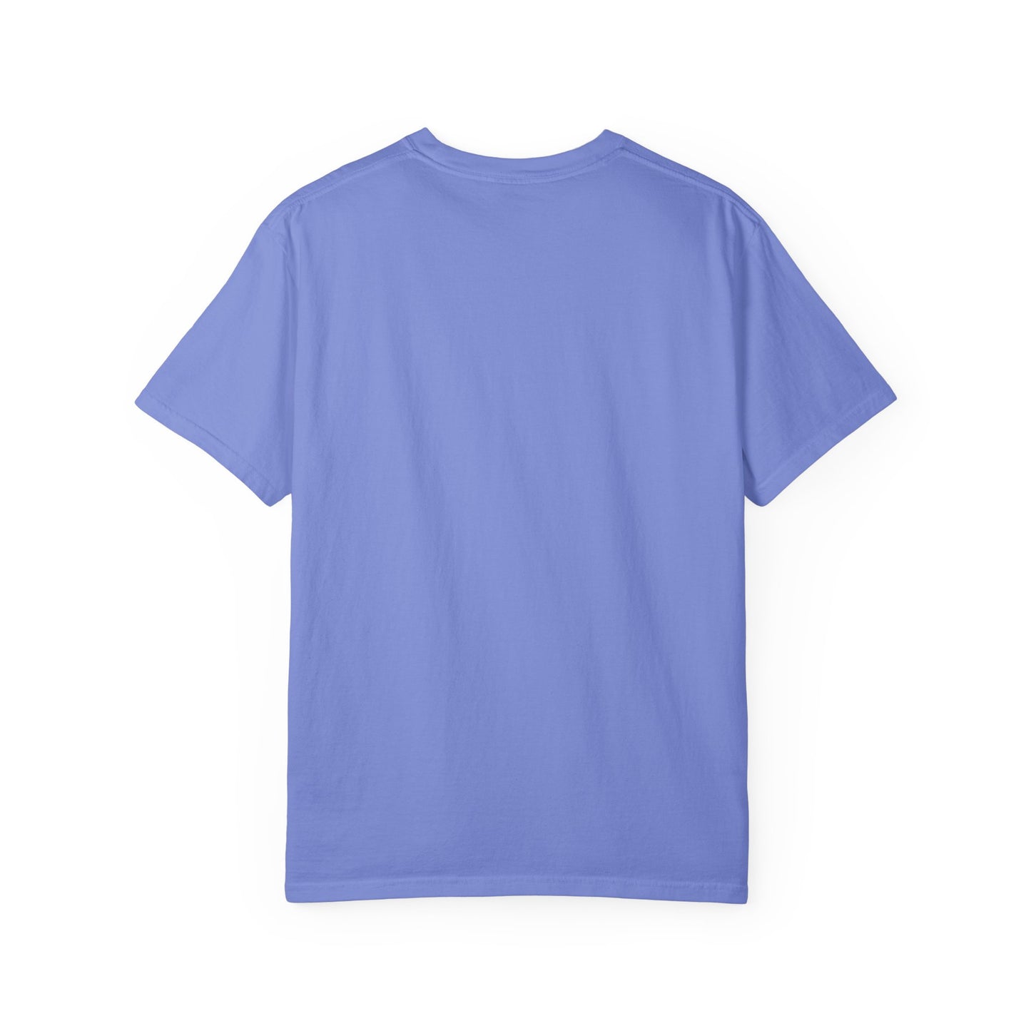 Plot Twist: We're Learning Tee in Flo Blue, back view - a small left-chest print on a garment-dyed Comfort Colors 1717 tee.
