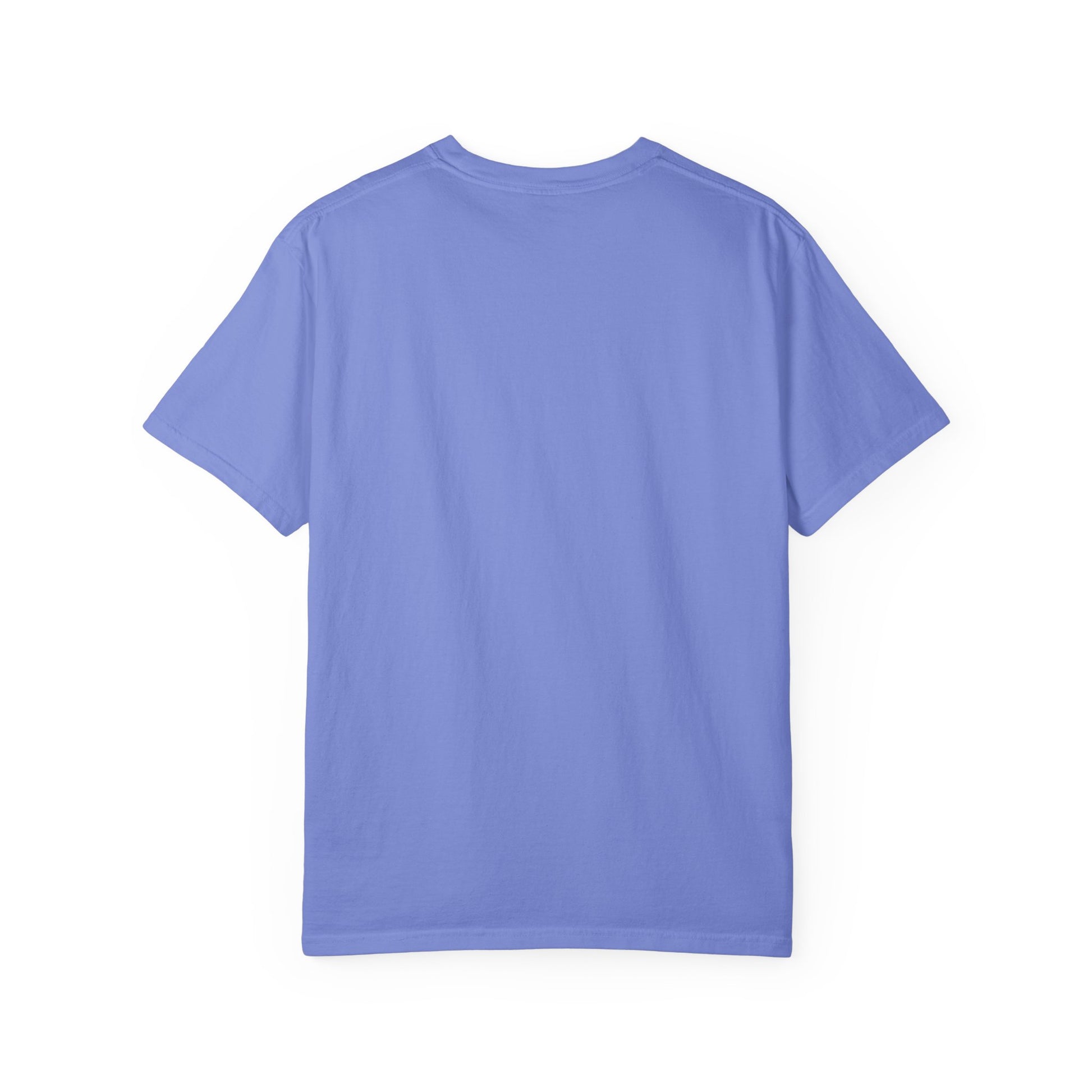 Plot Twist: We're Learning Tee in Flo Blue, back view - a small left-chest print on a garment-dyed Comfort Colors 1717 tee.