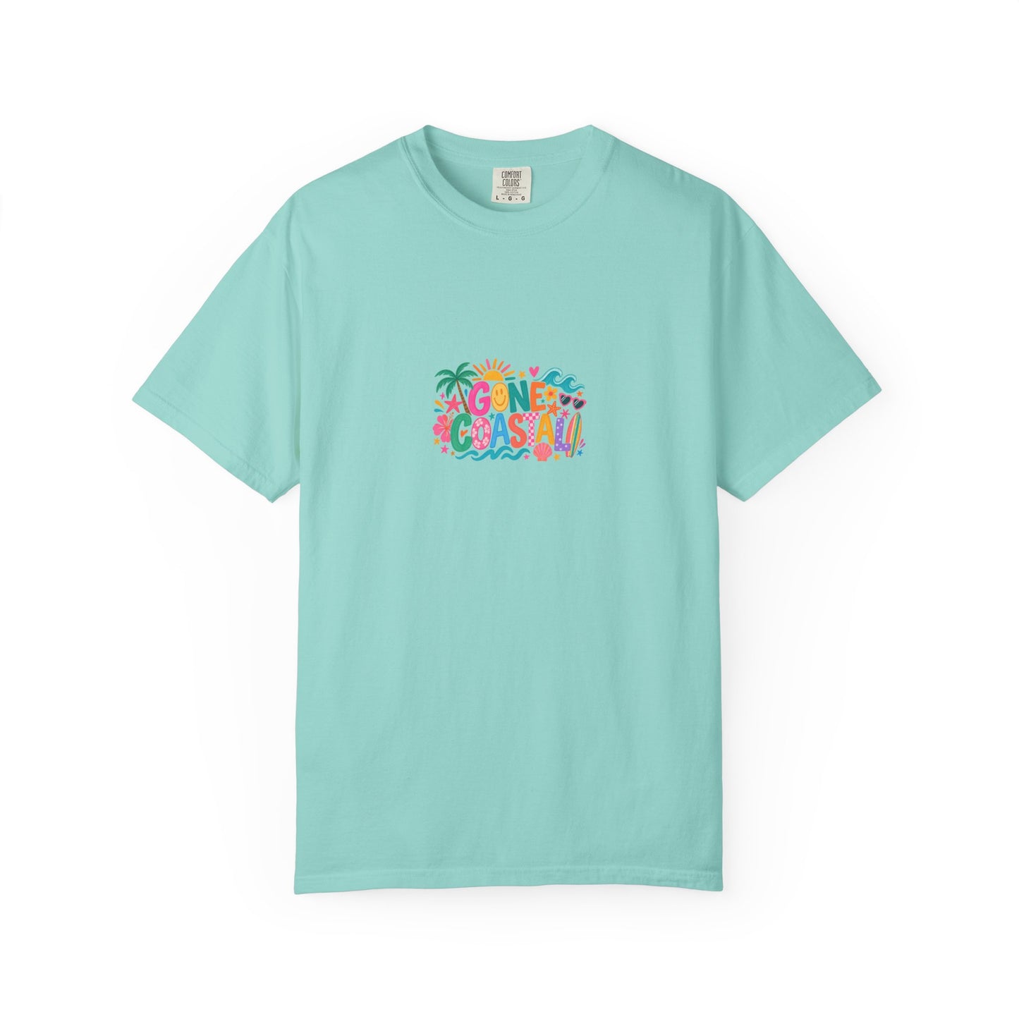 Gone Coastal Tee in Chalky Mint, front view - a centred upper-front print on a garment-dyed Comfort Colors 1717 tee.