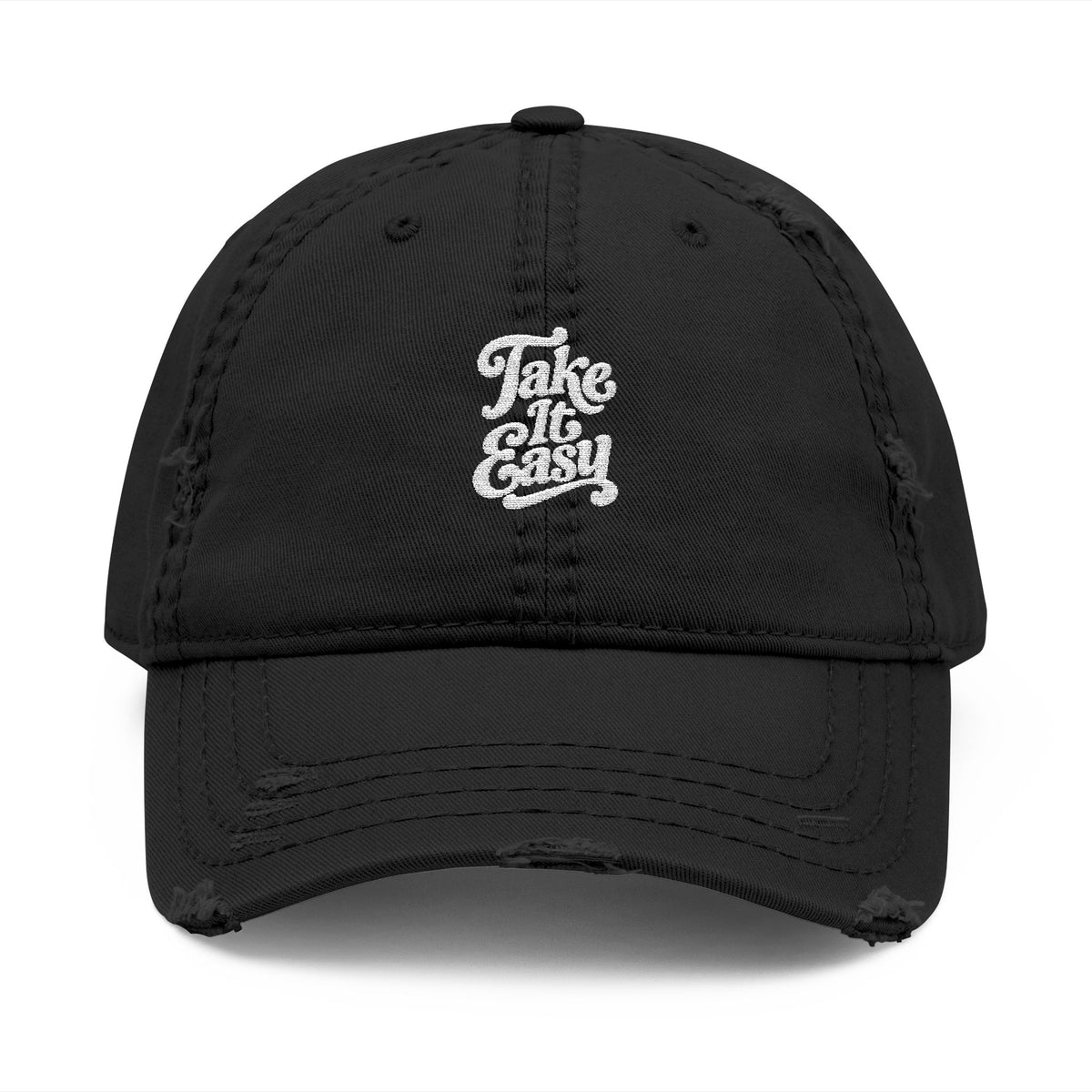 Take It Easy embroidered dad hat, cotton twill with a small retro script on the front.