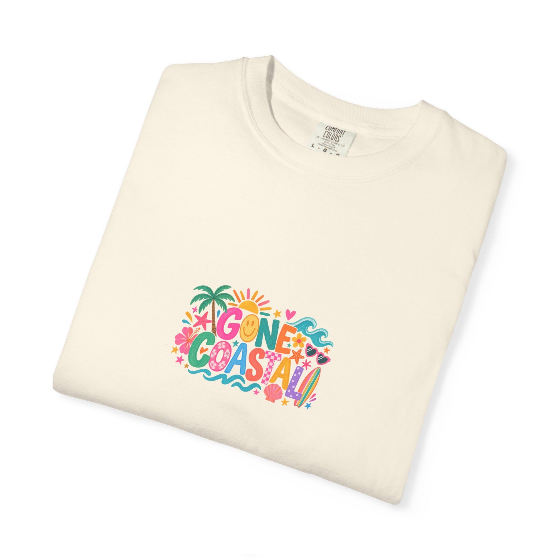 Gone Coastal Tee in Ivory, folded flat - a centred upper-front print on a garment-dyed Comfort Colors 1717 tee.