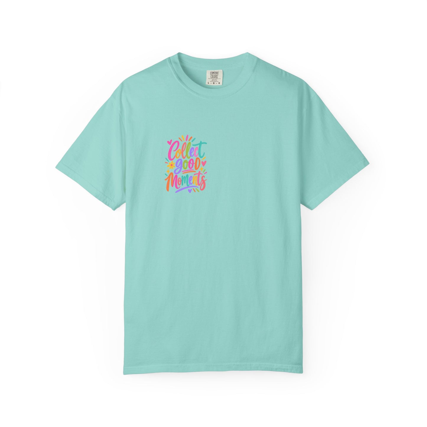Collect Good Moments Tee in Chalky Mint, front view - a small left-chest brush-script print on a garment-dyed Comfort Colors 1717 tee.