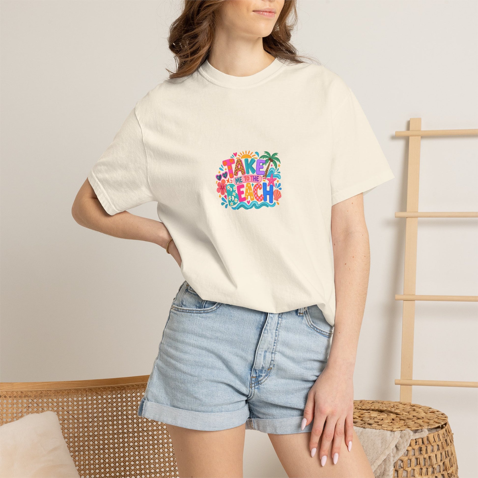 Take Me To The Beach Tee in Ivory, worn by a model - a centred upper-front print on a garment-dyed Comfort Colors 1717 tee.