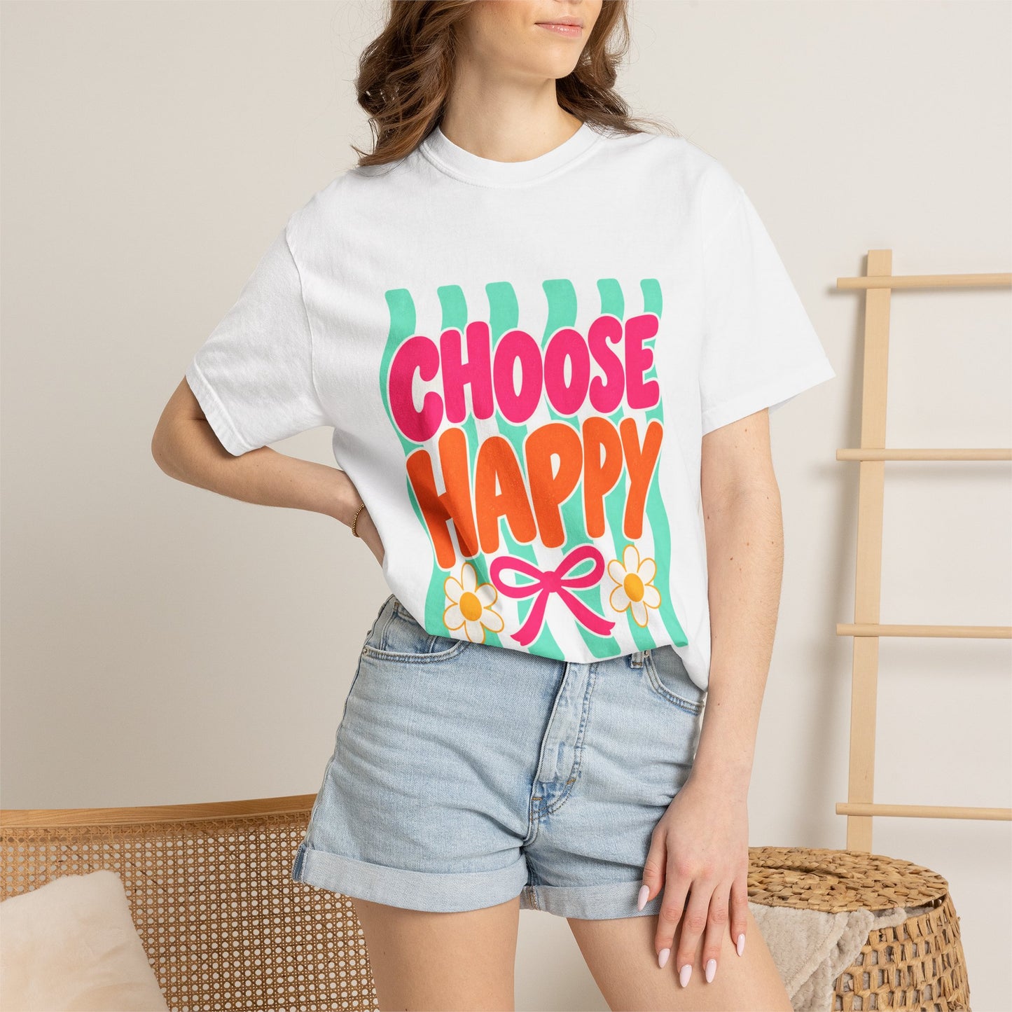 Choose Happy Tee in Ivory, front view - a large centered full-front print in rounded pink and orange lettering with daisies, on a garment-dyed Comfort Colors 1717 tee.