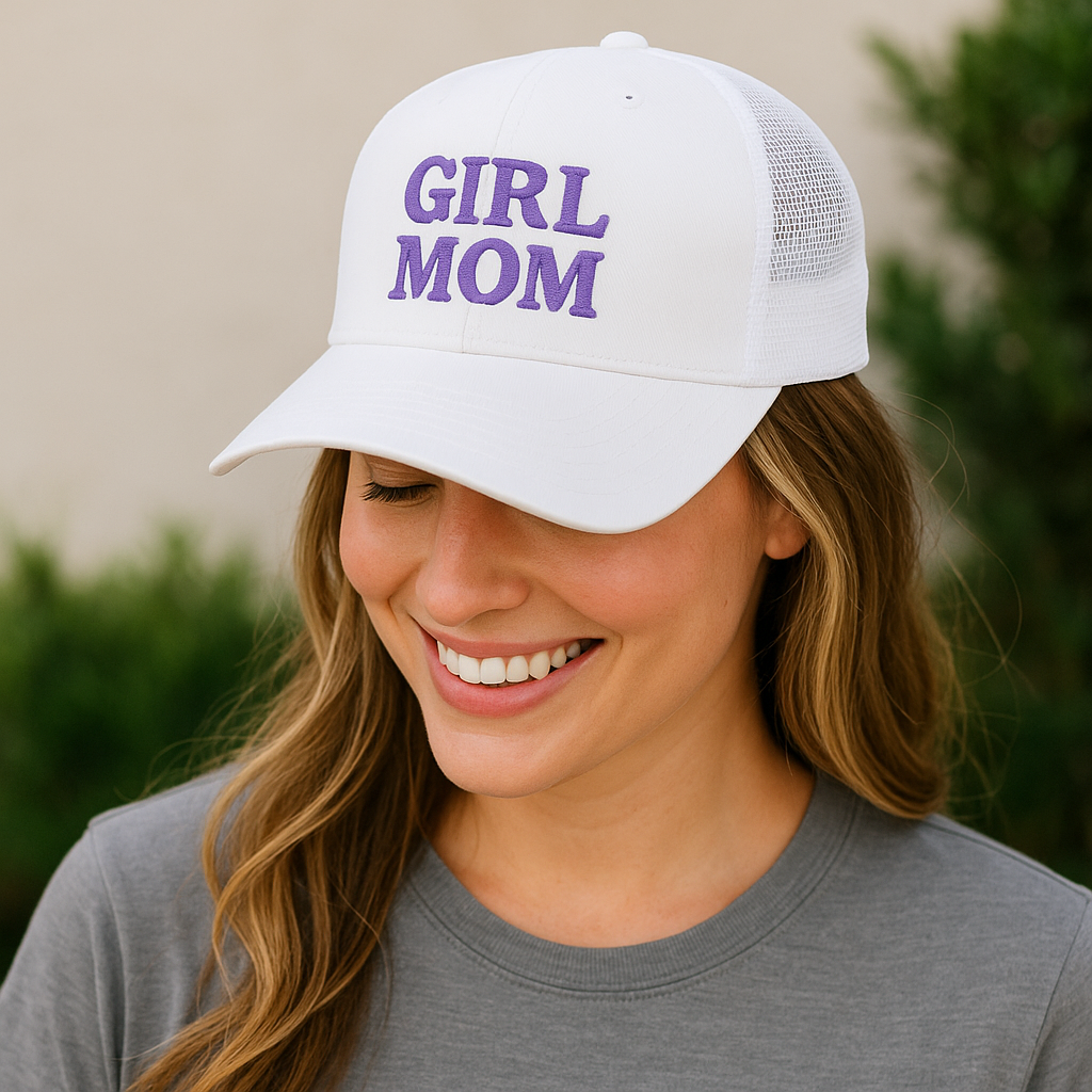 GIRL MOM Snapback Trucker Cap (Embroidery) by Little Things by Nicky — Teacher Vibes apparel from Miami, Florida.