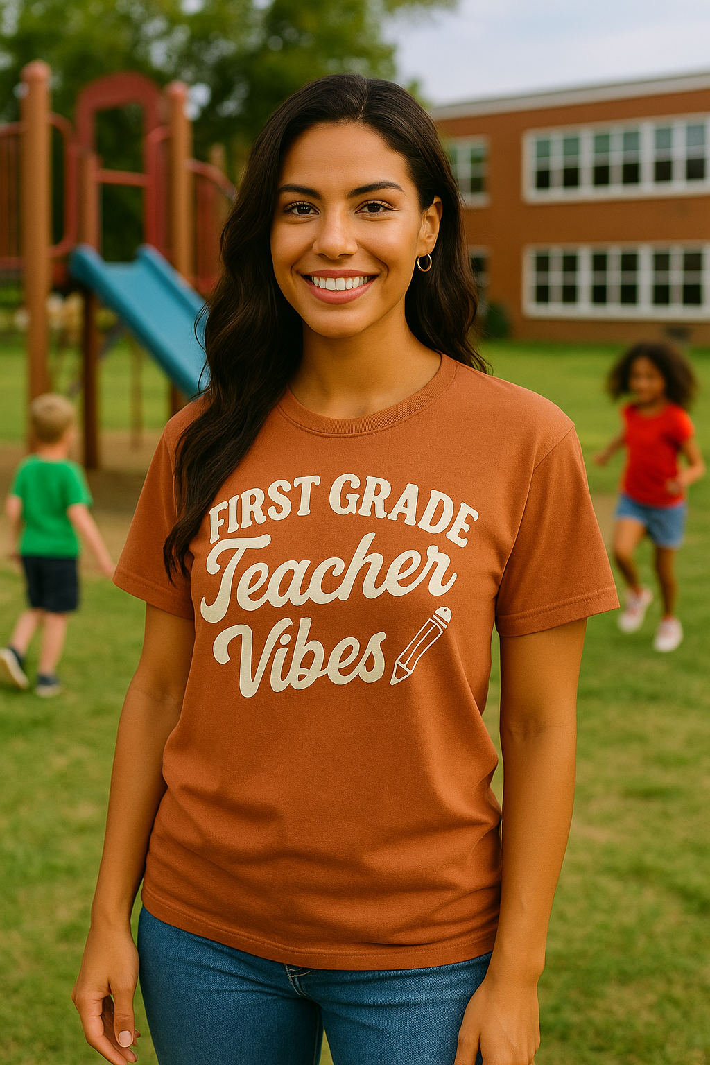 First Grade Teacher Vibes Shirt – Retro Pencil Design | Cute 1st Grade Teacher Tee for Women | Fall Teacher Outfit by Little Things by Nicky — Teacher Vibes apparel from Miami, Florida.