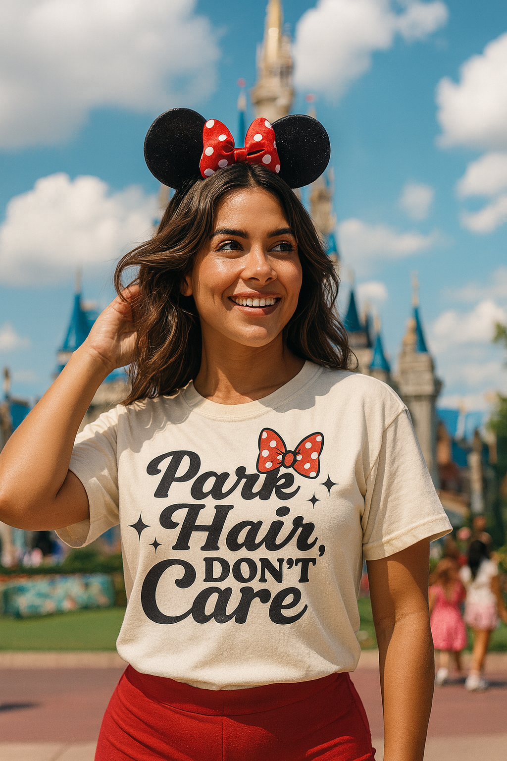 Park Hair Don’t Care Shirt – Disney Vacation Tee for Women | Minnie Bow Graphic T-Shirt | Magical Vacation Outfit by Little Things by Nicky — Teacher Vibes apparel from Miami, Florida.