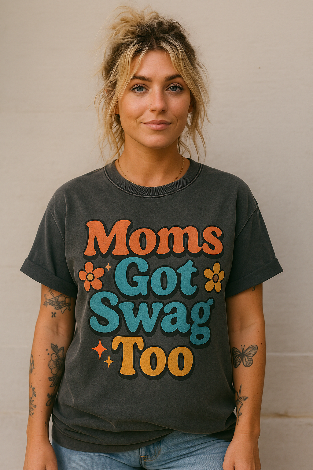 Moms Got Swag Too Shirt – Retro Graphic Tee for Cool Moms | Vintage Hippie Boho Mom Shirt | Oversized Aesthetic T-Shirt by Little Things by Nicky — Teacher Vibes apparel from Miami, Florida.
