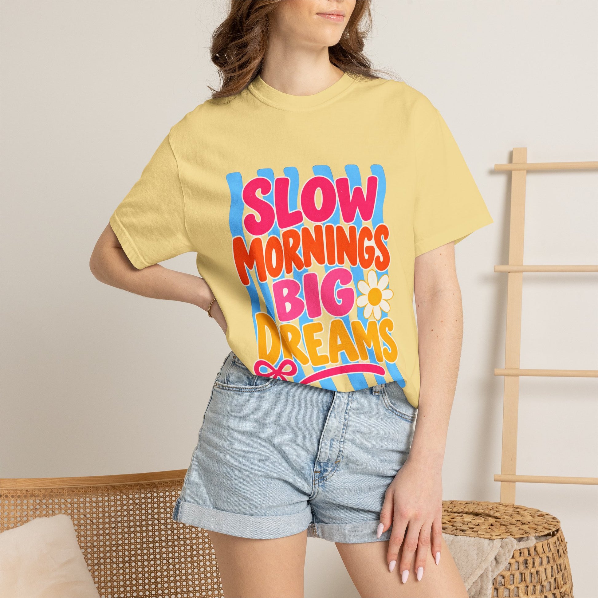 Slow Mornings, Big Dreams Tee in Chalky Mint, front view - a large centered full-front print in bold lettering over a wavy stripe backing, on a garment-dyed Comfort Colors 1717 tee.