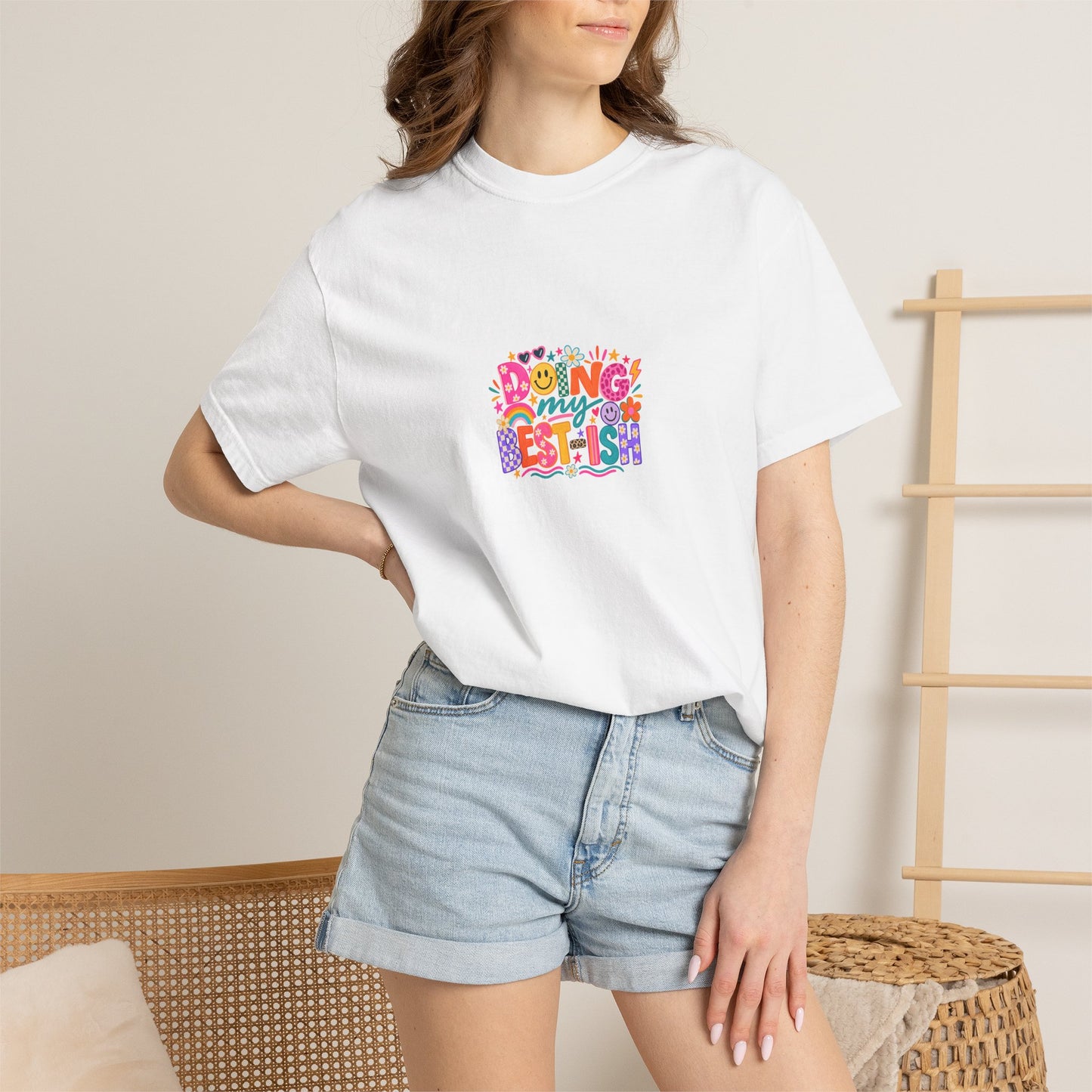 Doing My Best-ish Tee in White, worn by a model - a centred upper-front print on a garment-dyed Comfort Colors 1717 tee.