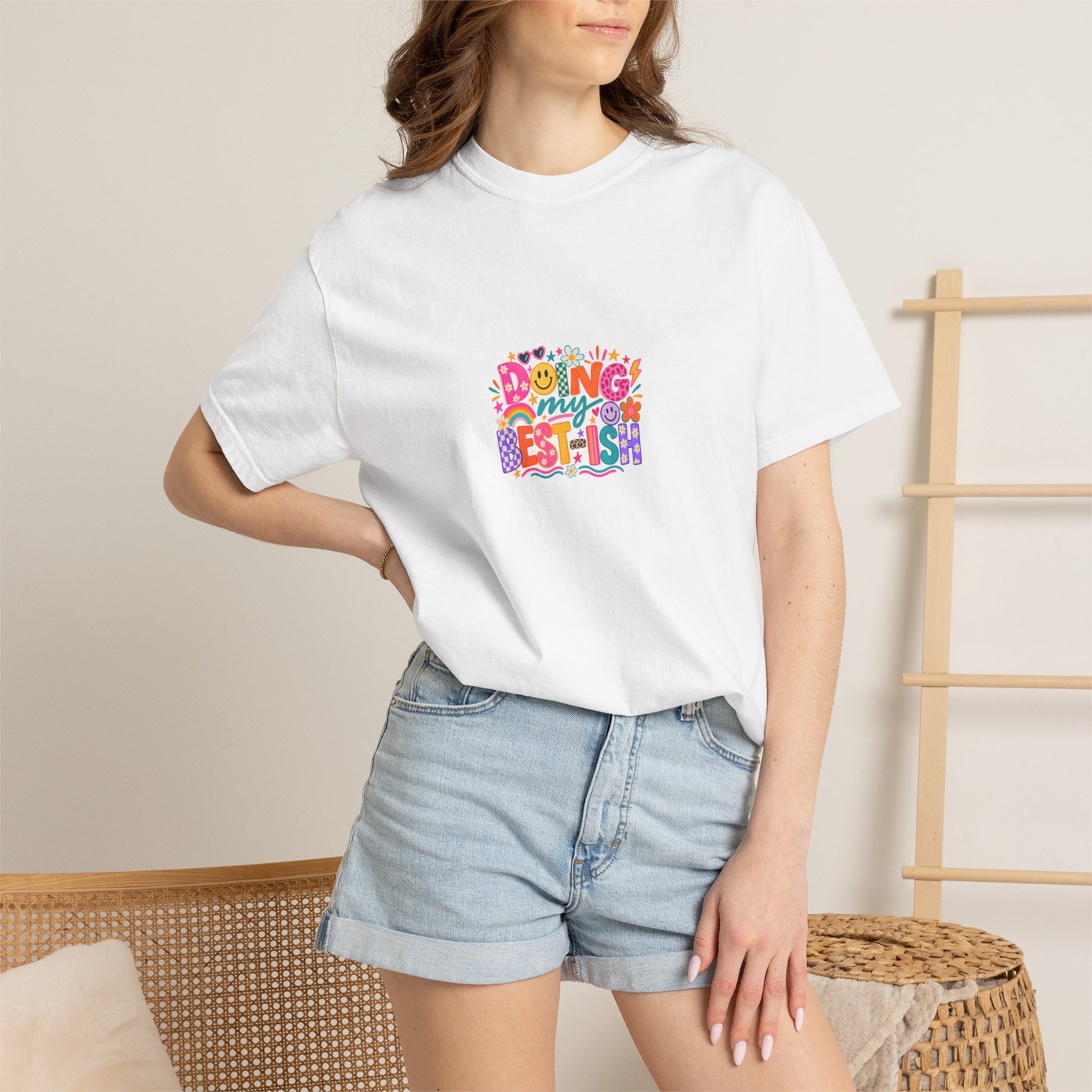 Doing My Best-ish Tee in White, worn by a model - a centred upper-front print on a garment-dyed Comfort Colors 1717 tee.